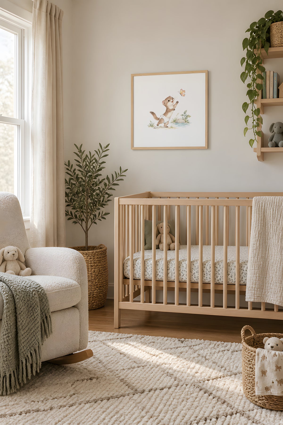 Baby Weasel in a White Diaper Reaching for a Butterfly: natural wood frame, 50 × 50 cm, styled in a room