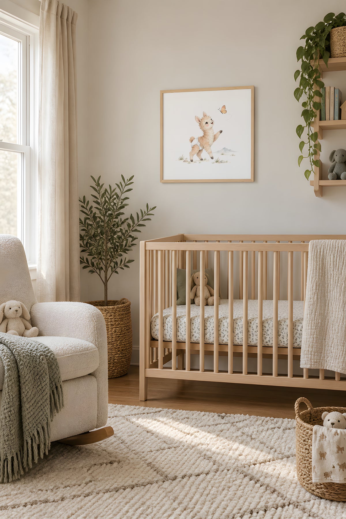 Baby Llama in a White Diaper Chases a Butterfly Through the Grass: natural wood frame, 50 × 50 cm, styled in a room