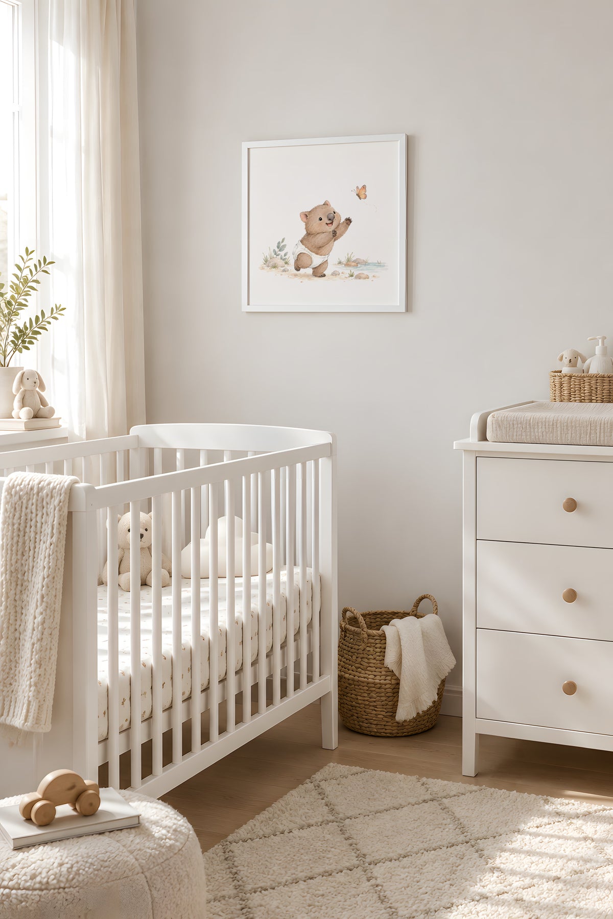 Affiche bébé wombat et papillon en cadre blanc au-dessus d'un lit à barreaux blanc, chambre de bébé claire