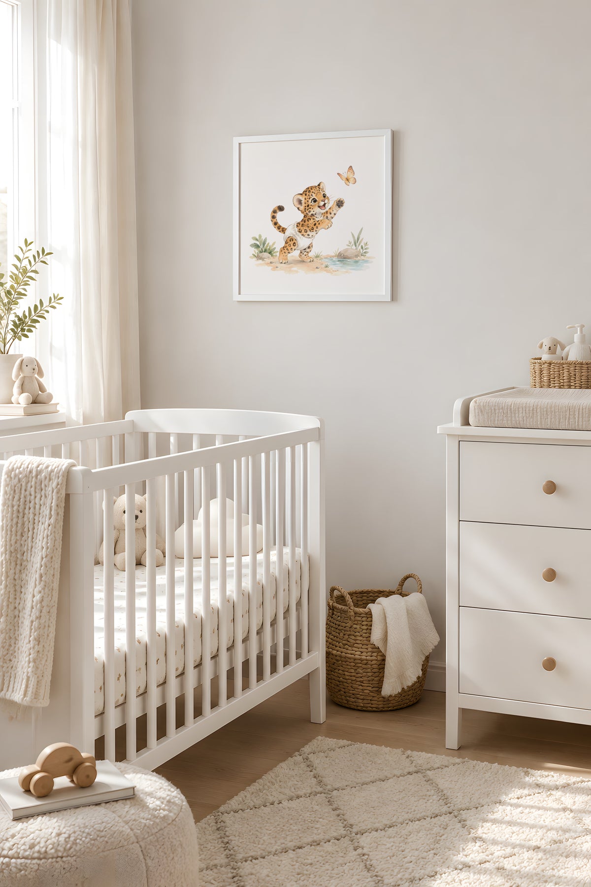 Baby Jaguar in a White Diaper Chases a Butterfly: white frame, 40 × 40 cm, styled in a room