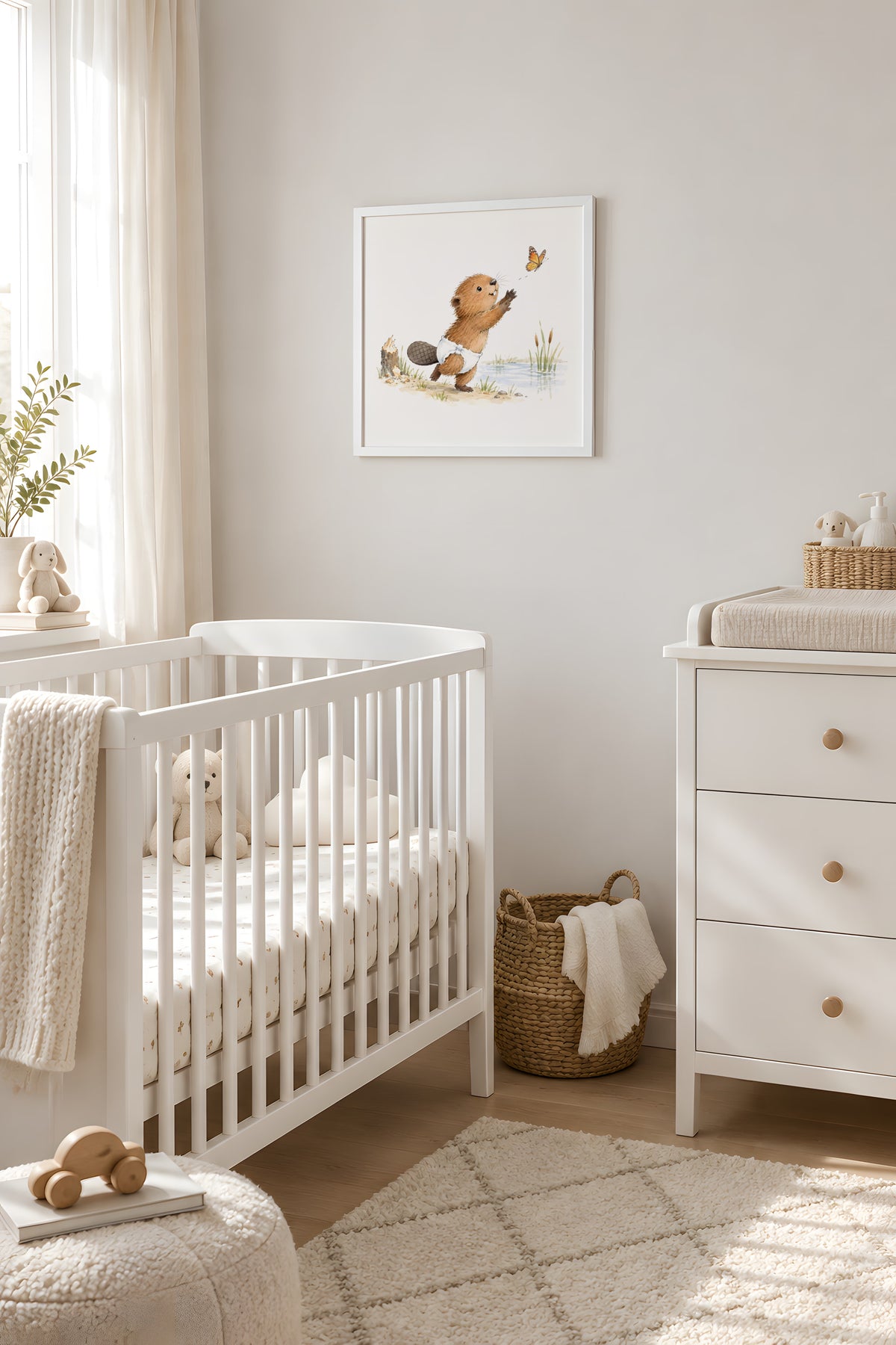 Bébé castor en couche blanche essaie d’attraper un papillon sur la berge : cadre blanc, 40 × 40 cm, en situation
