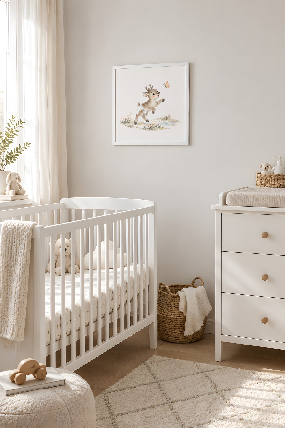 Baby Reindeer Tries to Catch a Butterfly Among the Grasses: white frame, 40 × 40 cm, styled in a room