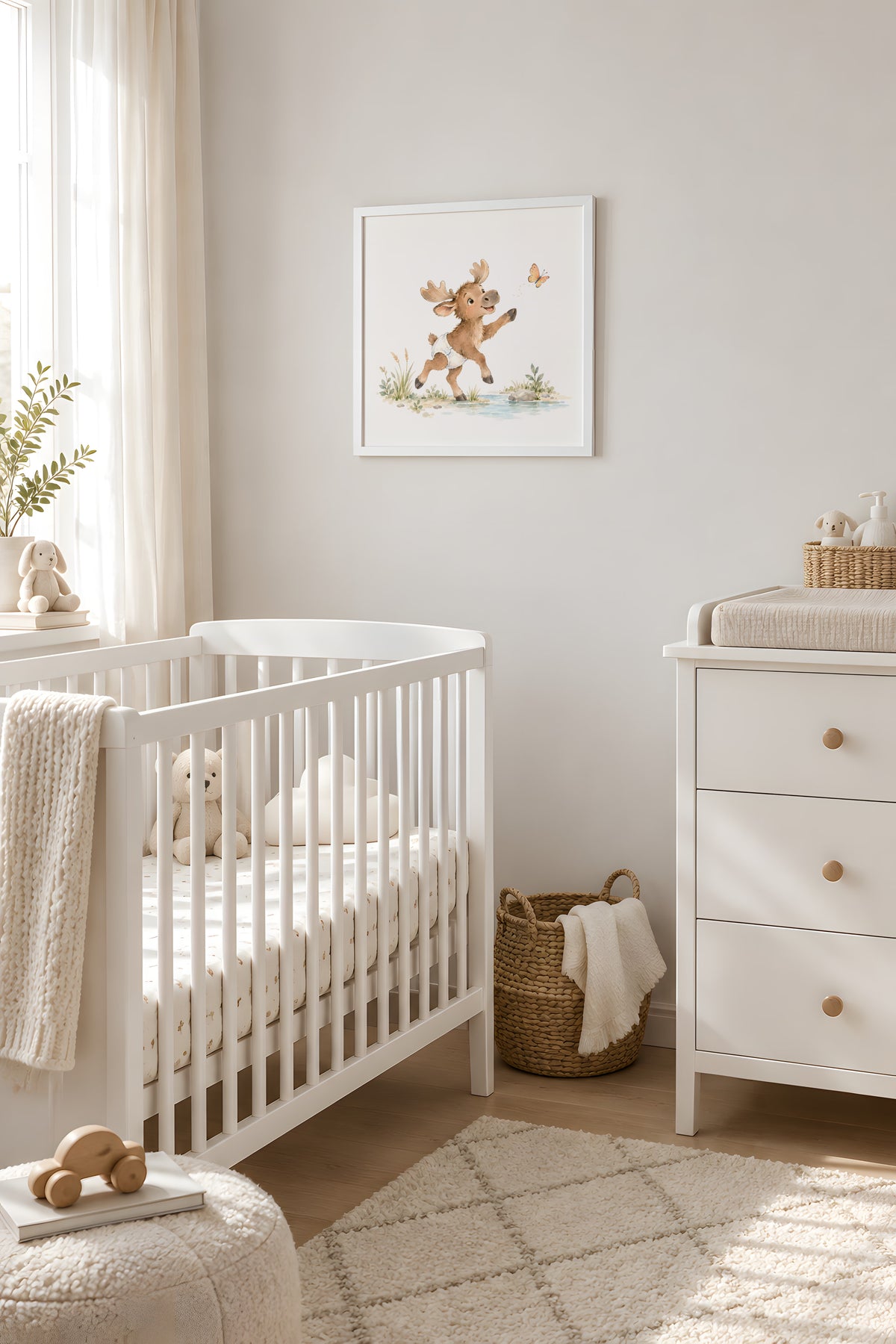 Bébé élan en couche blanche essaie d’attraper un papillon : cadre blanc, 40 × 40 cm, en situation