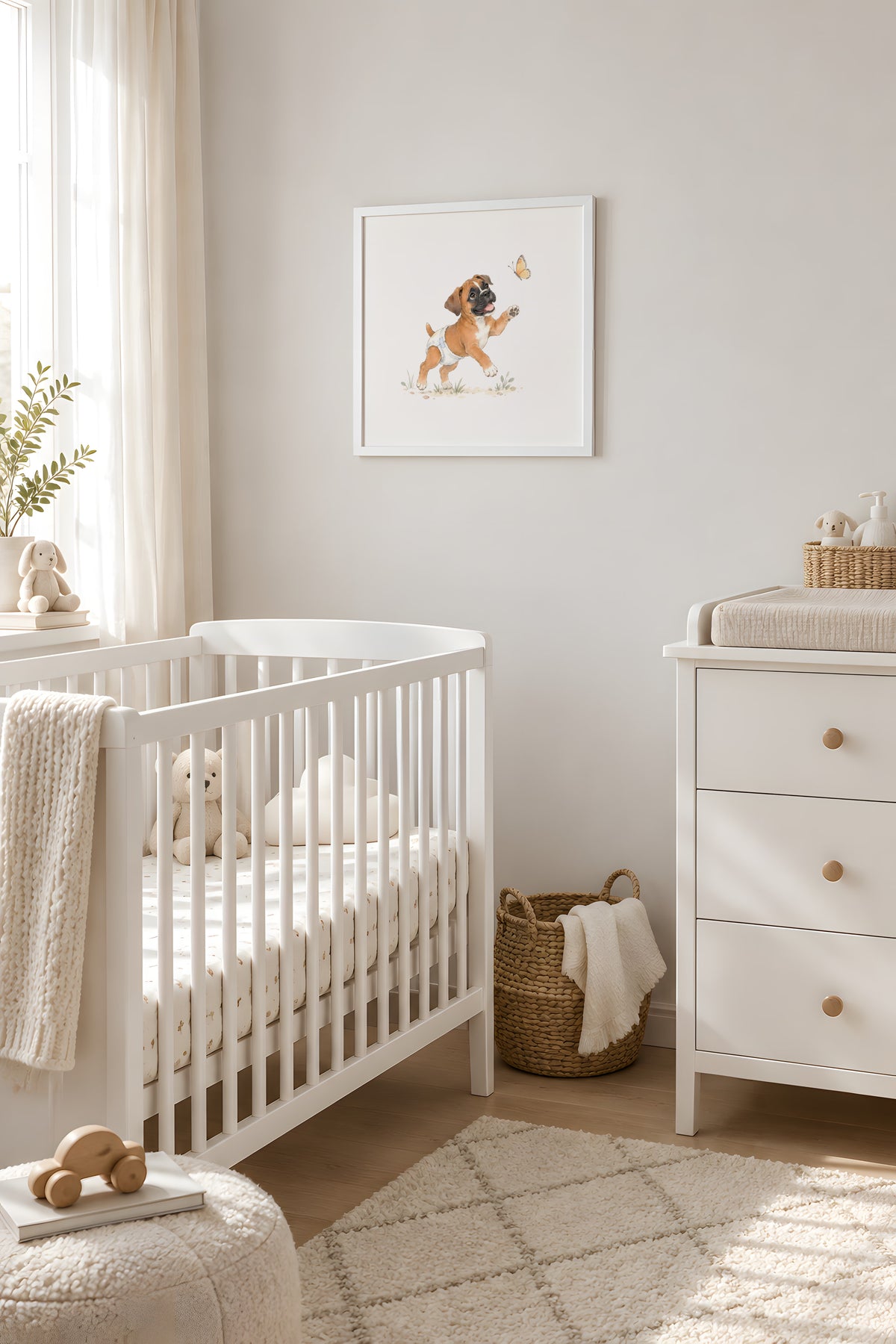 Chiot boxer fauve en couche blanche joue avec un papillon : cadre blanc, 40 × 40 cm, en situation