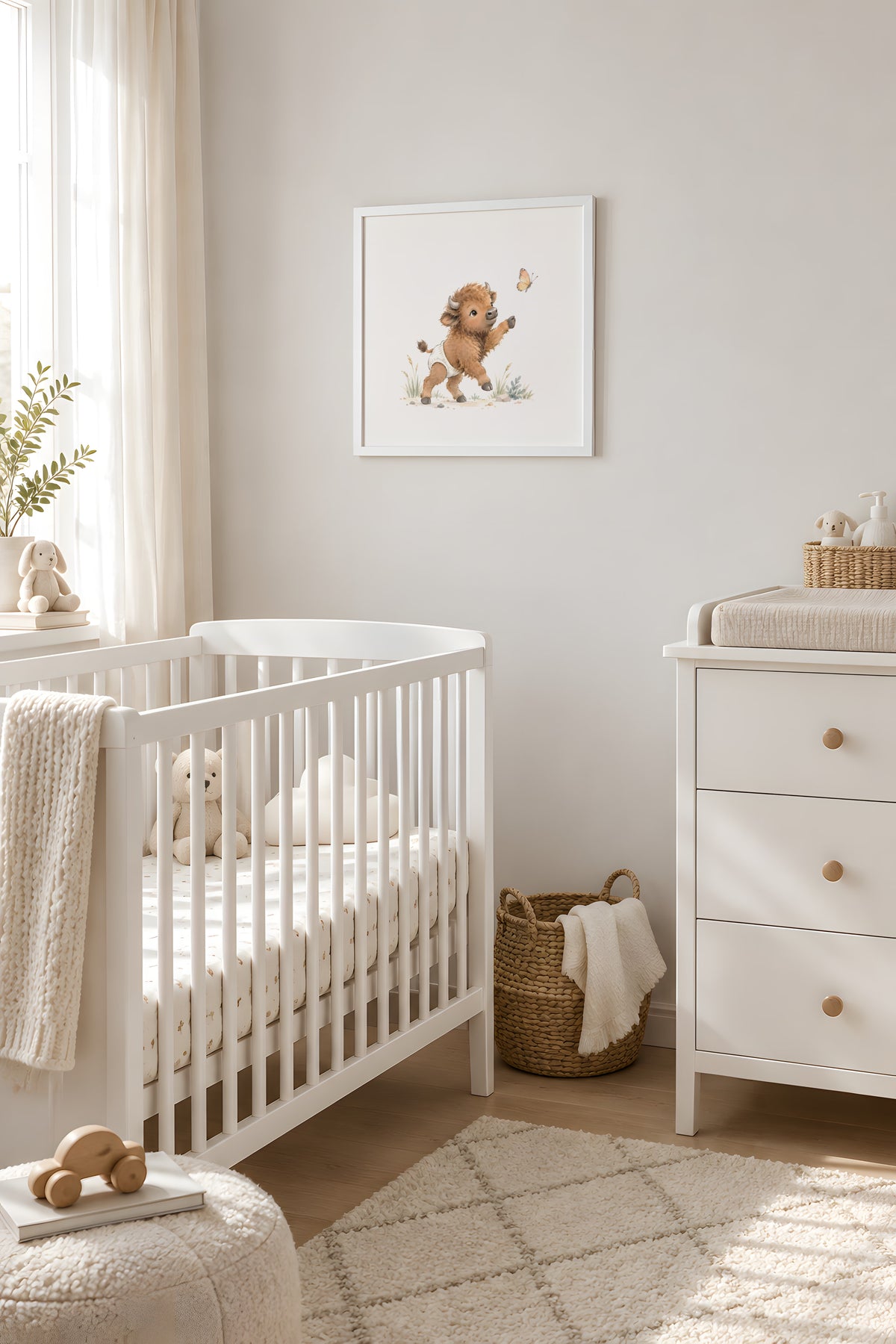 Bébé bison en couche blanche essaie d’attraper un papillon : cadre blanc, 40 × 40 cm, en situation