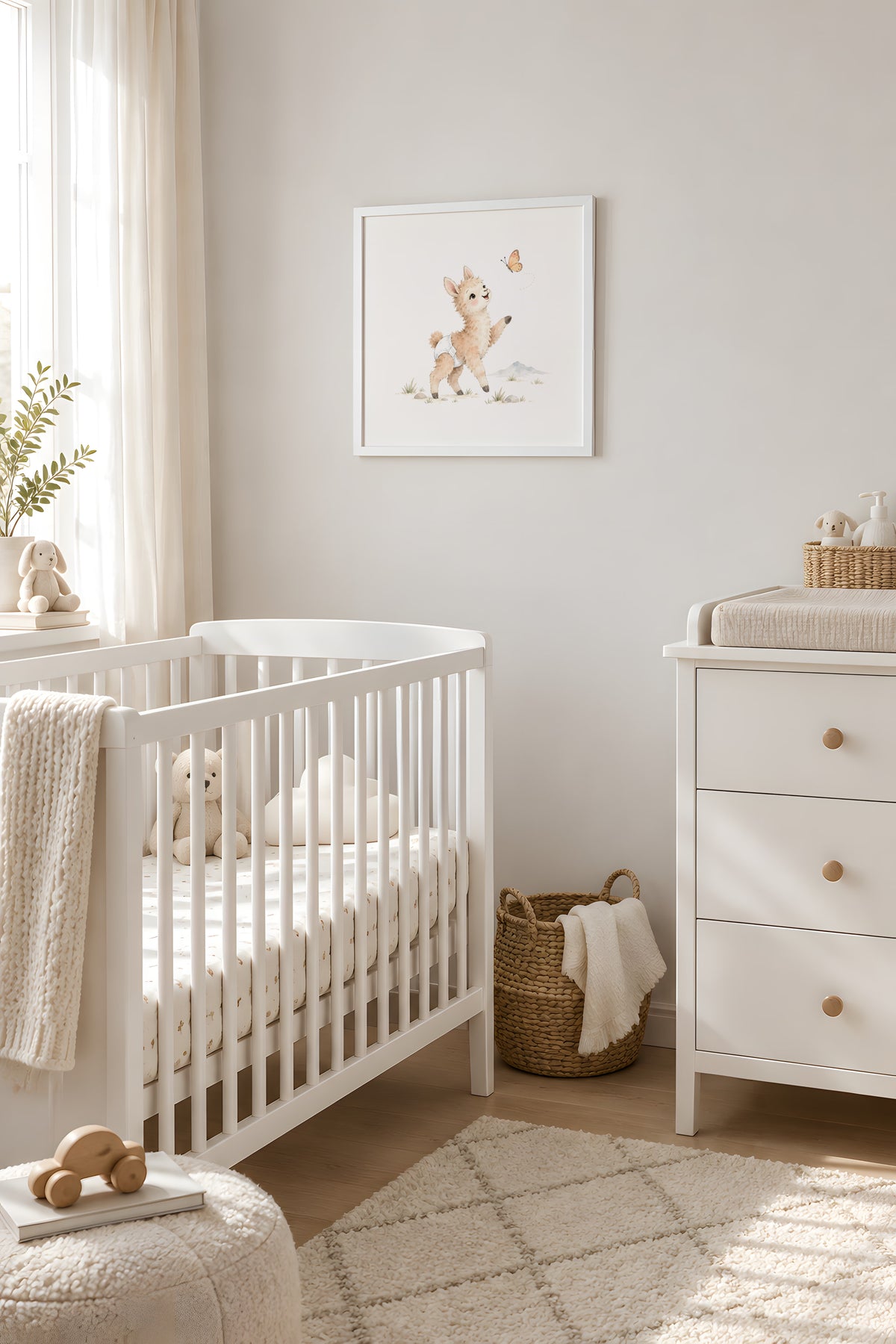 Baby Llama in a White Diaper Chases a Butterfly Through the Grass: white frame, 40 × 40 cm, styled in a room