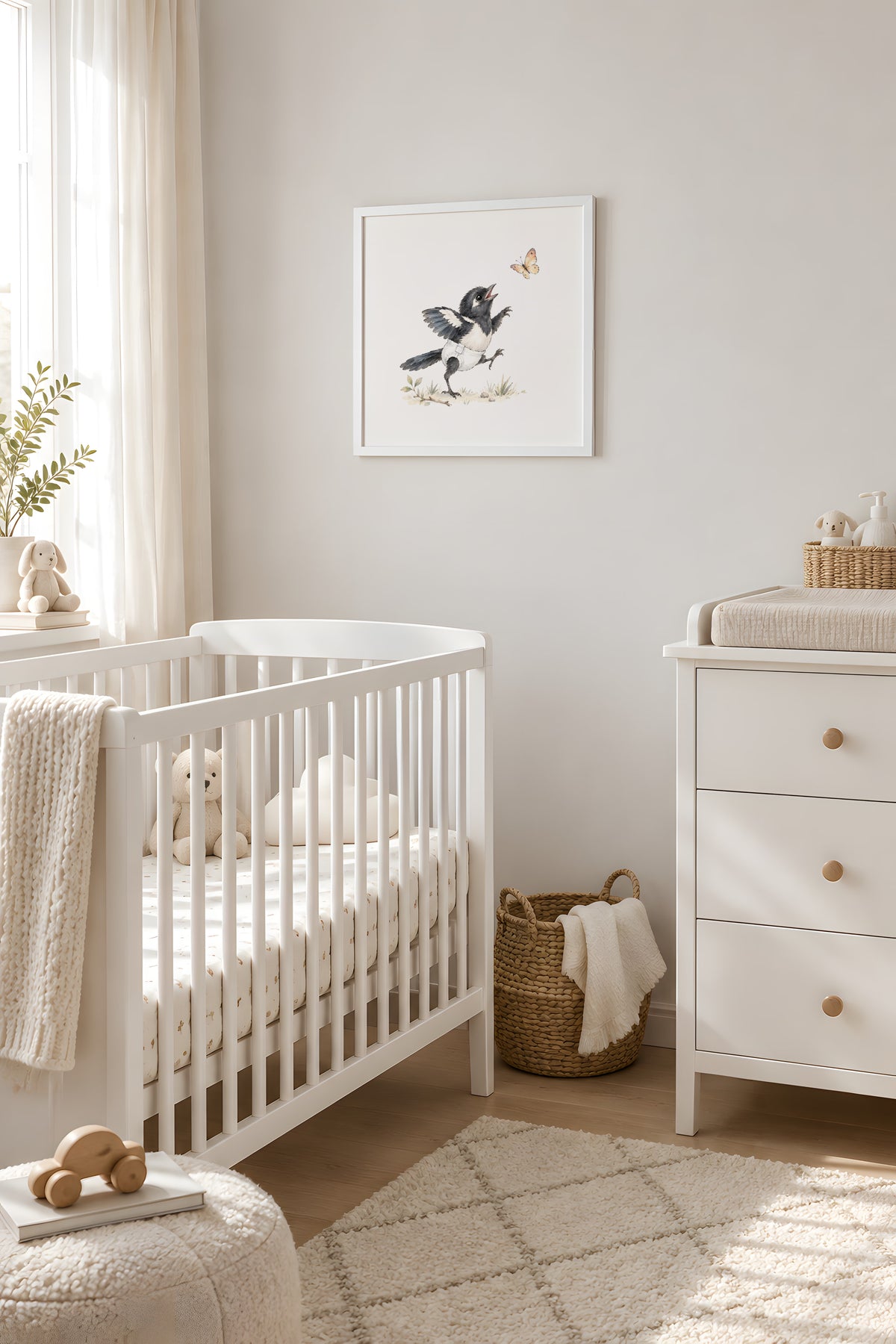 Baby Magpie in a White Diaper Chasing a Butterfly: white frame, 40 × 40 cm, styled in a room