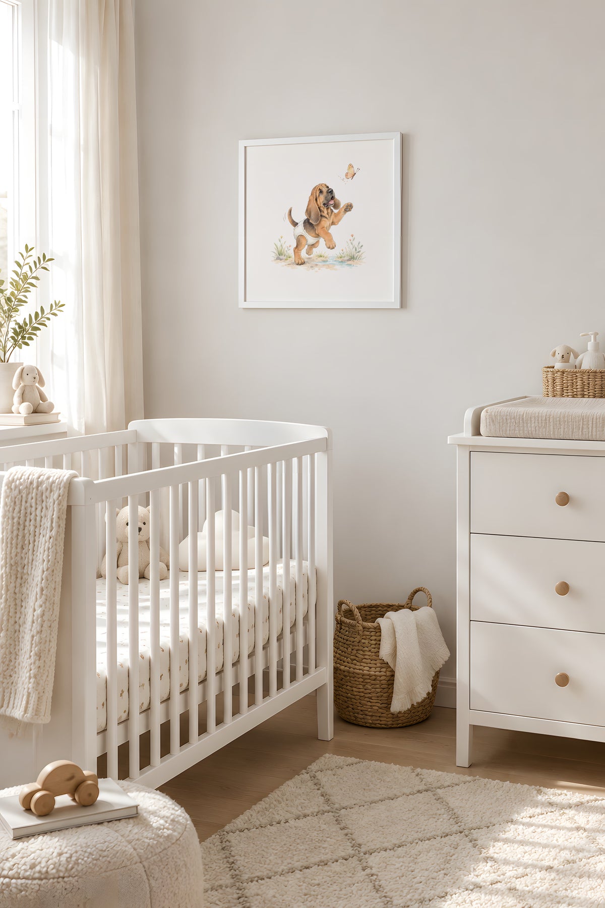 Chiot saint-hubert aux longues oreilles essaie d’attraper un papillon : cadre blanc, 40 × 40 cm, en situation