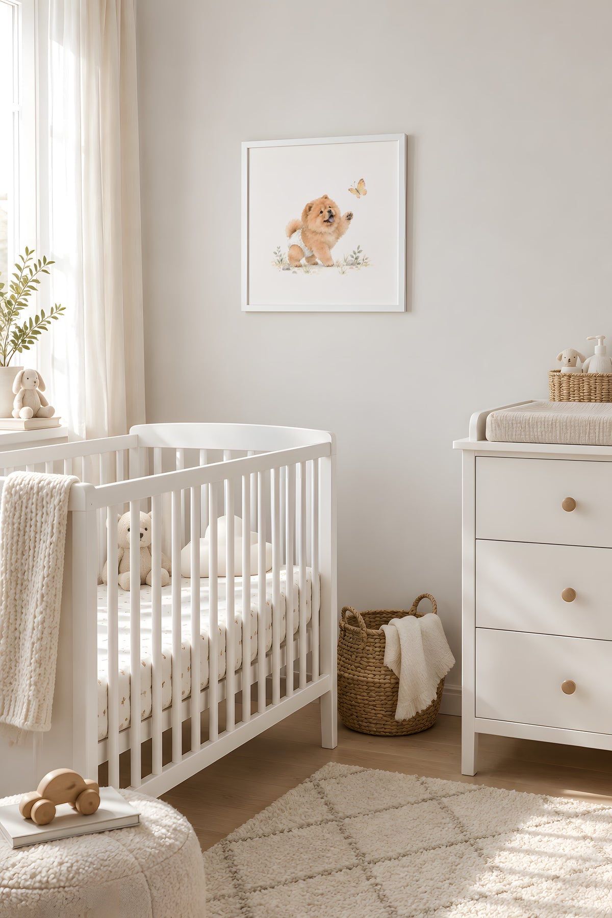 Petit chow chow en couche blanche essaie de saisir un papillon : cadre blanc, 40 × 40 cm, en situation