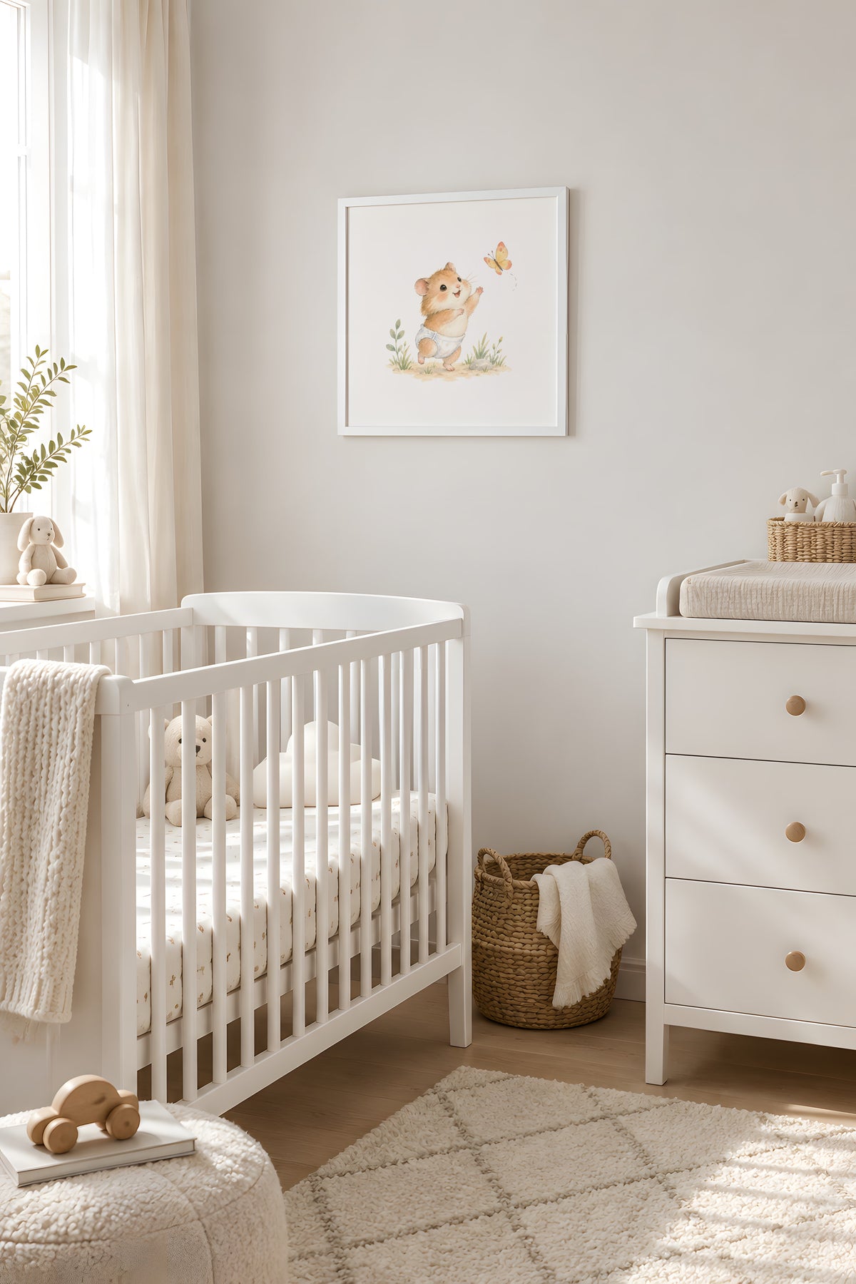Baby Hamster Reaches for a Butterfly: white frame, 40 × 40 cm, styled in a room