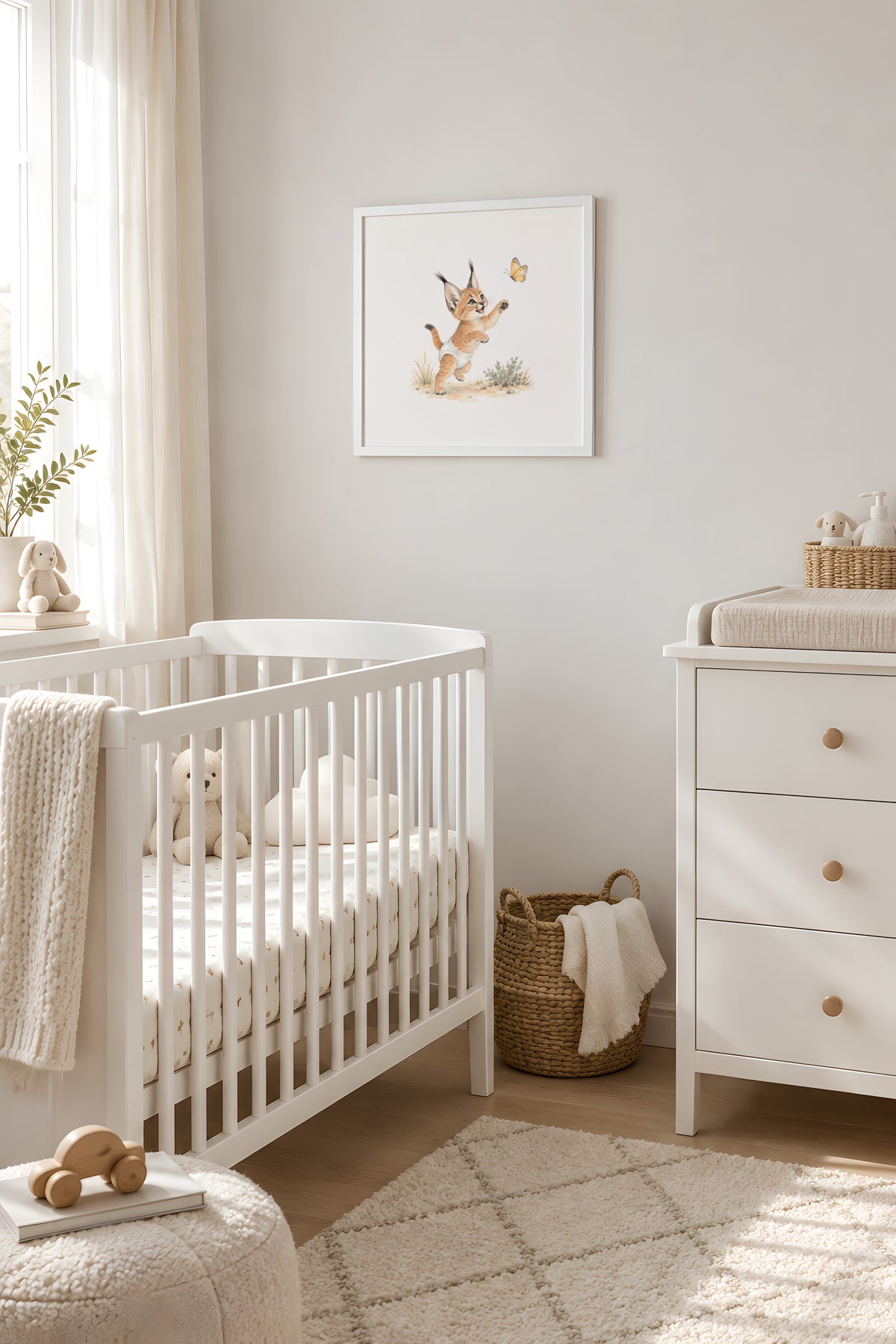 Baby Caracal in a White Diaper Tries to Catch a Butterfly: white frame, 40 × 40 cm, styled in a room