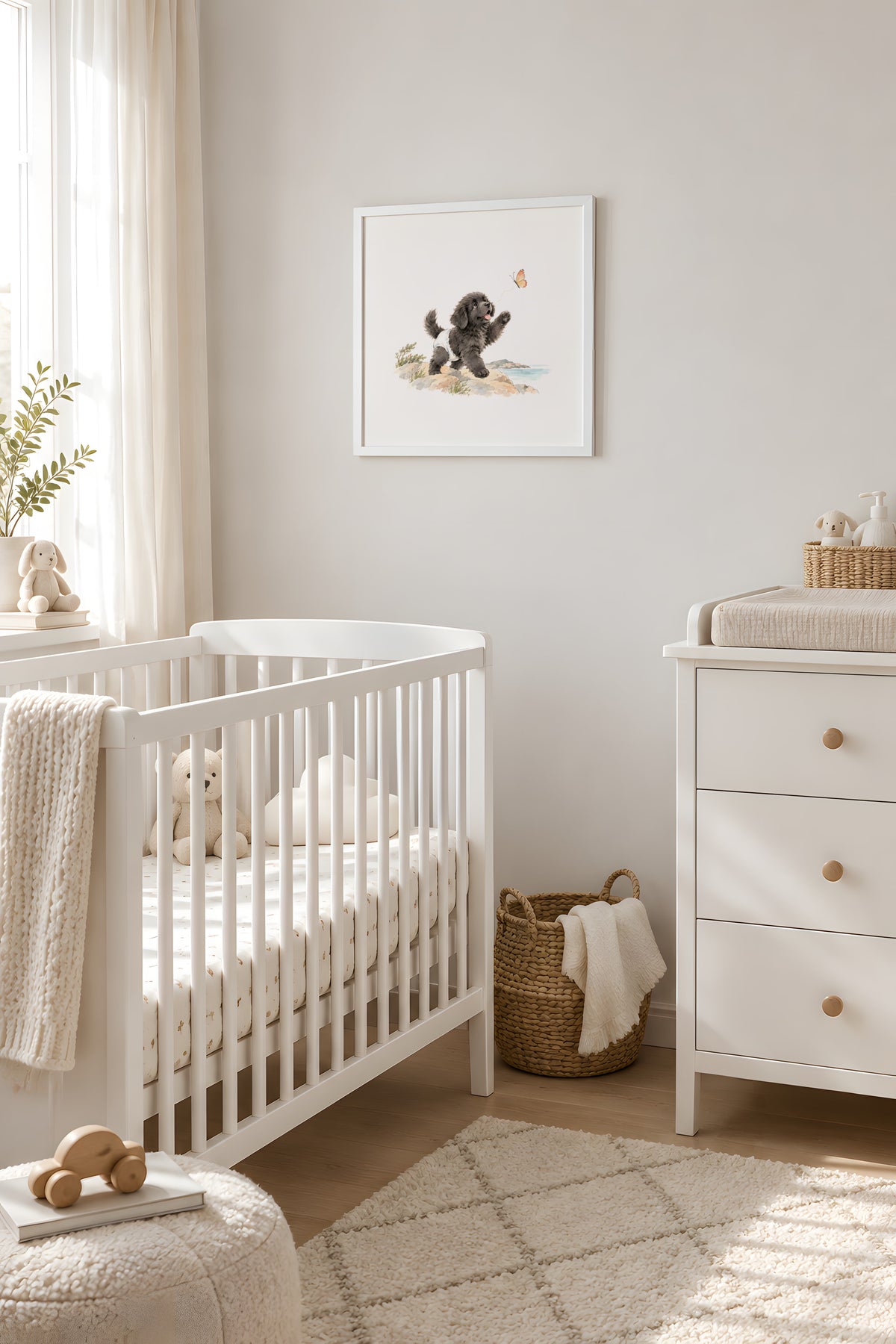 Bébé terre-neuve en couche blanche suit un papillon sur le rivage : cadre blanc, 40 × 40 cm, en situation