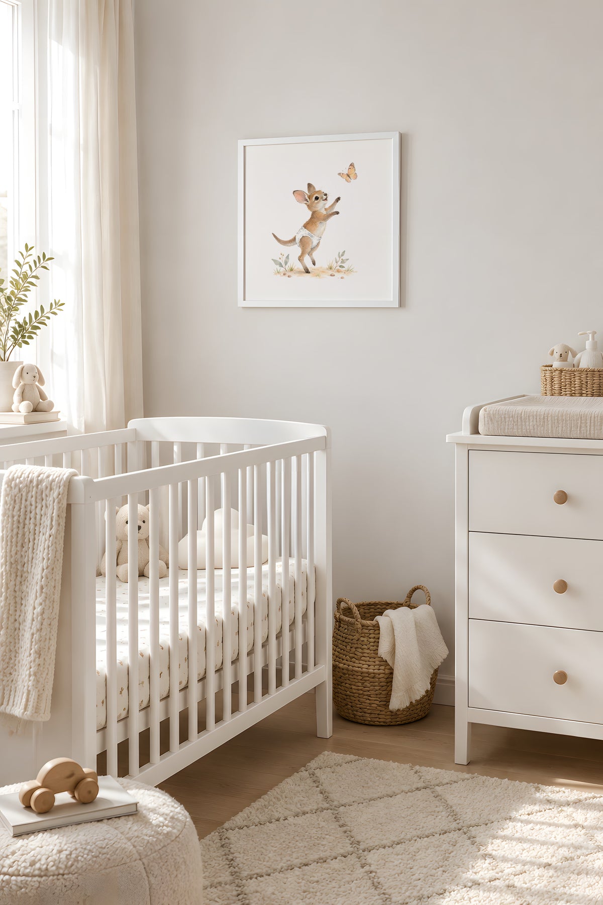 Bébé wallaby en couche blanche tend les pattes vers un papillon : cadre blanc, 40 × 40 cm, en situation