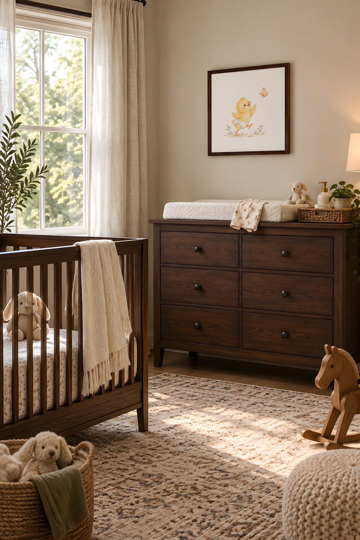 Petit poussin en couche blanche poursuit un papillon dans l’herbe : cadre bois foncé, 50 × 50 cm, en situation