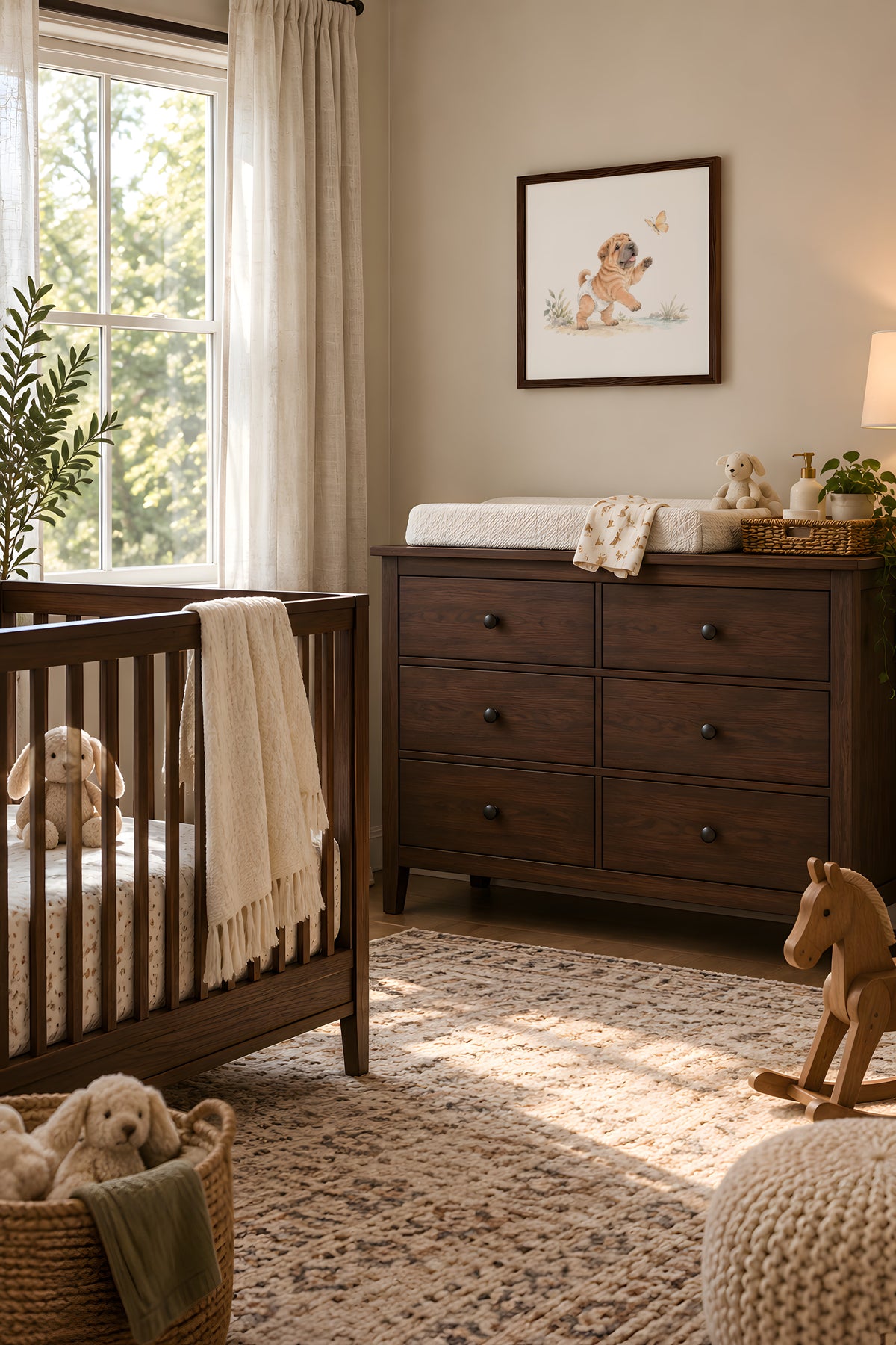 Bébé shar pei en couche blanche essaie d’attraper un papillon : cadre bois foncé, 50 × 50 cm, en situation