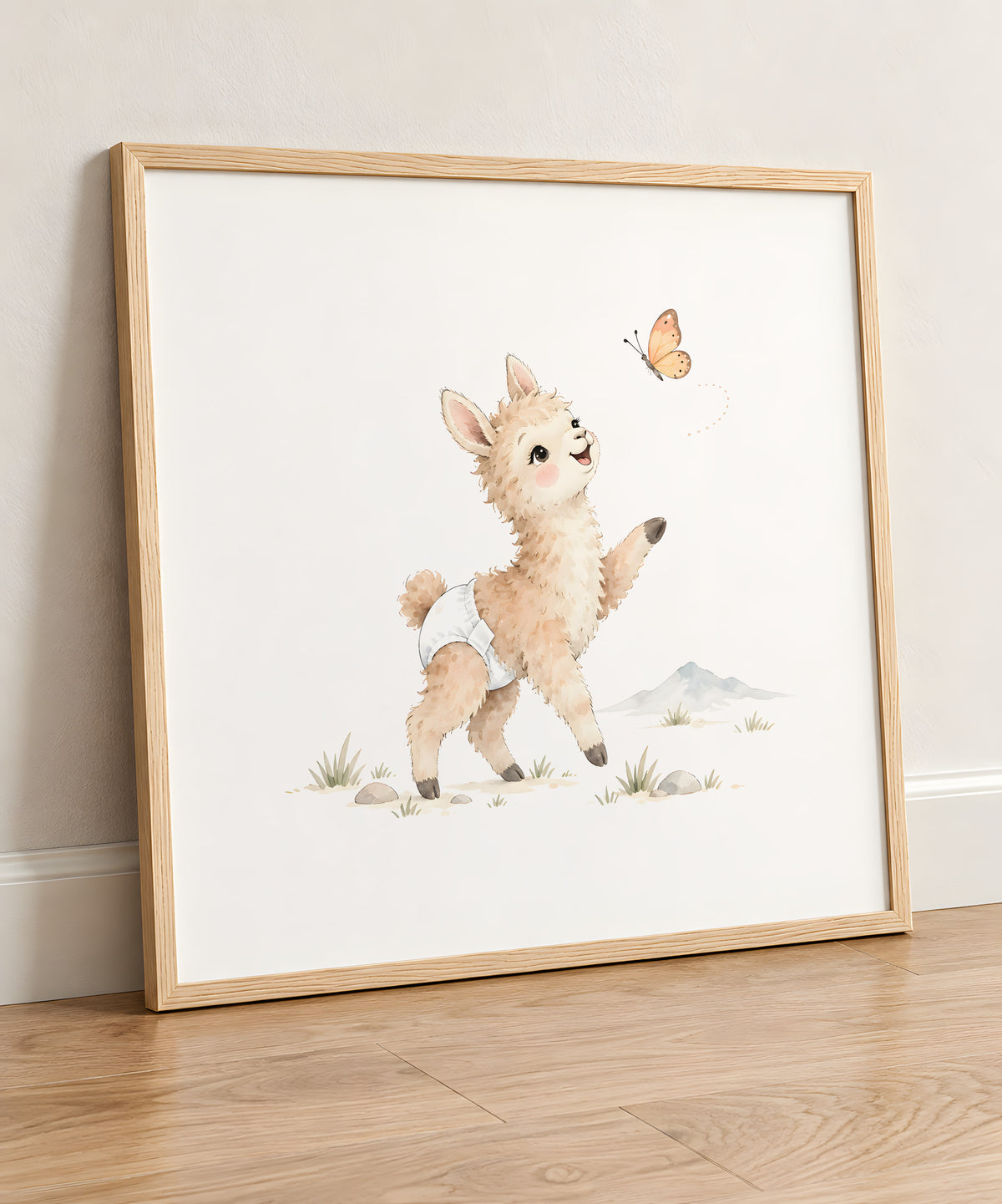 Baby Llama in a White Diaper Chases a Butterfly Through the Grass: natural wood frame, 50 × 50 cm, styled in a room