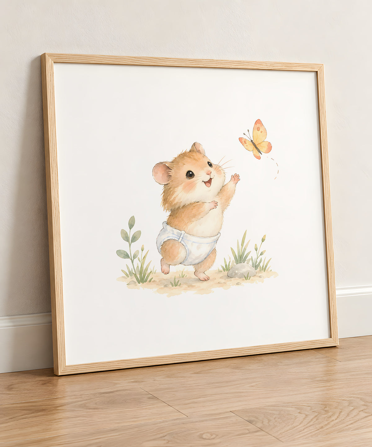 Baby Hamster Reaches for a Butterfly: natural wood frame, 50 × 50 cm, styled in a room