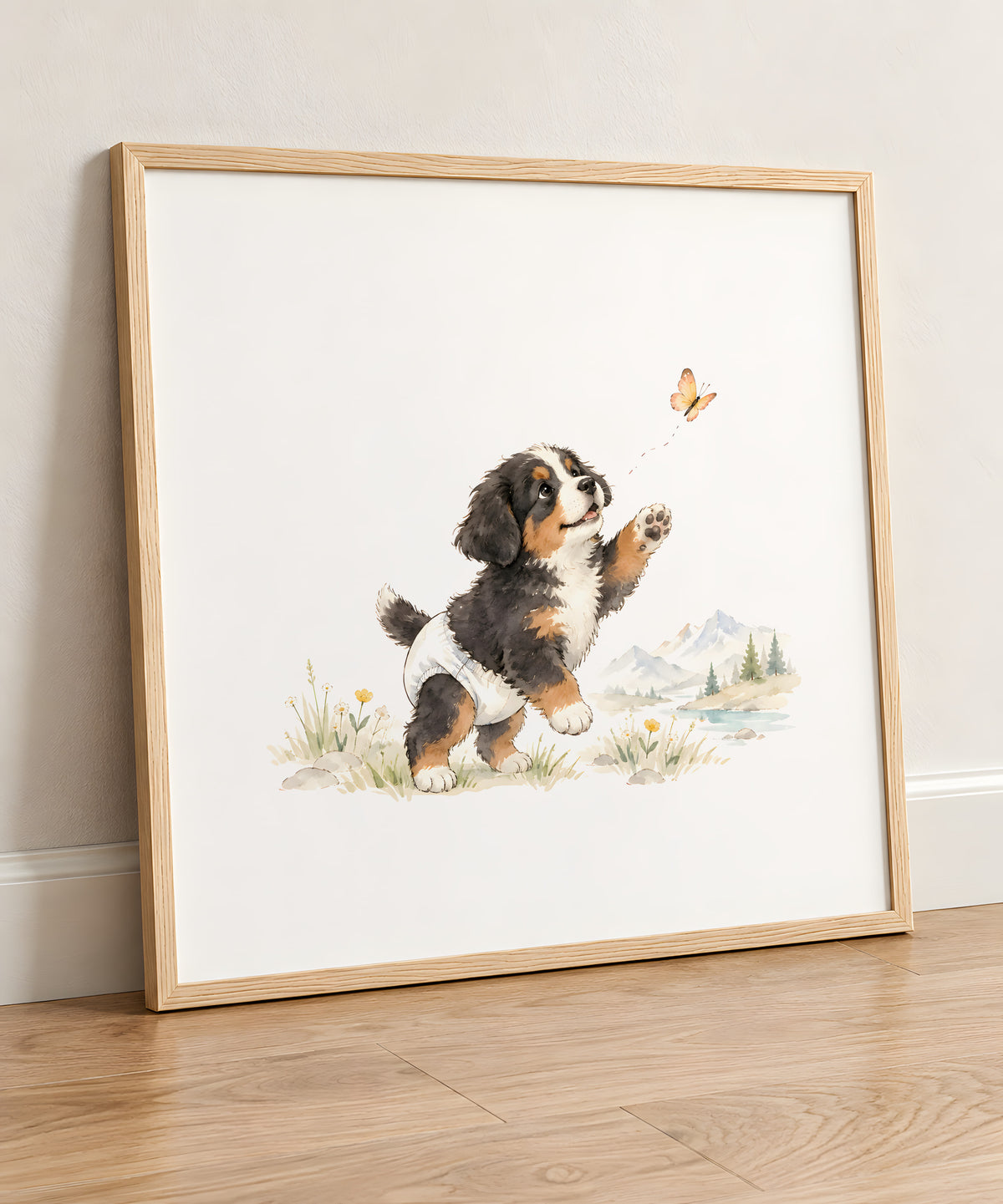 Petit bouvier bernois en couche blanche essaie d’attraper un papillon : cadre bois clair, 50 × 50 cm, en situation