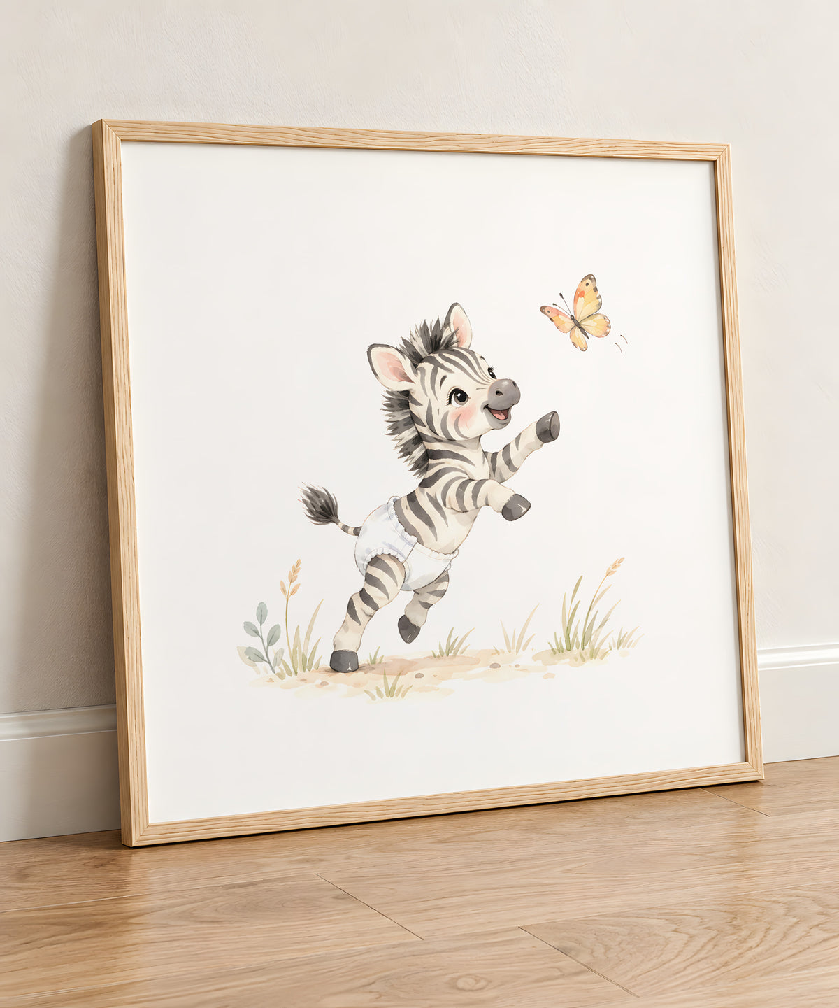 Baby Zebra in a White Diaper Chases a Butterfly in the Savanna: natural wood frame, 50 × 50 cm, styled in a room