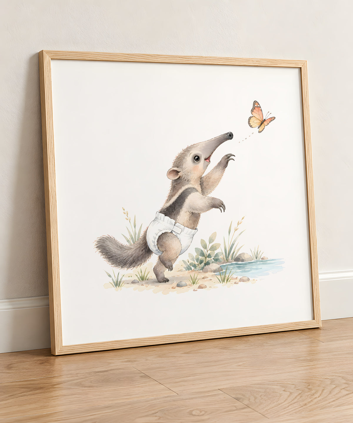 Baby Anteater in a White Diaper Reaches for a Butterfly in the Grass: natural wood frame, 50 × 50 cm, styled in a room