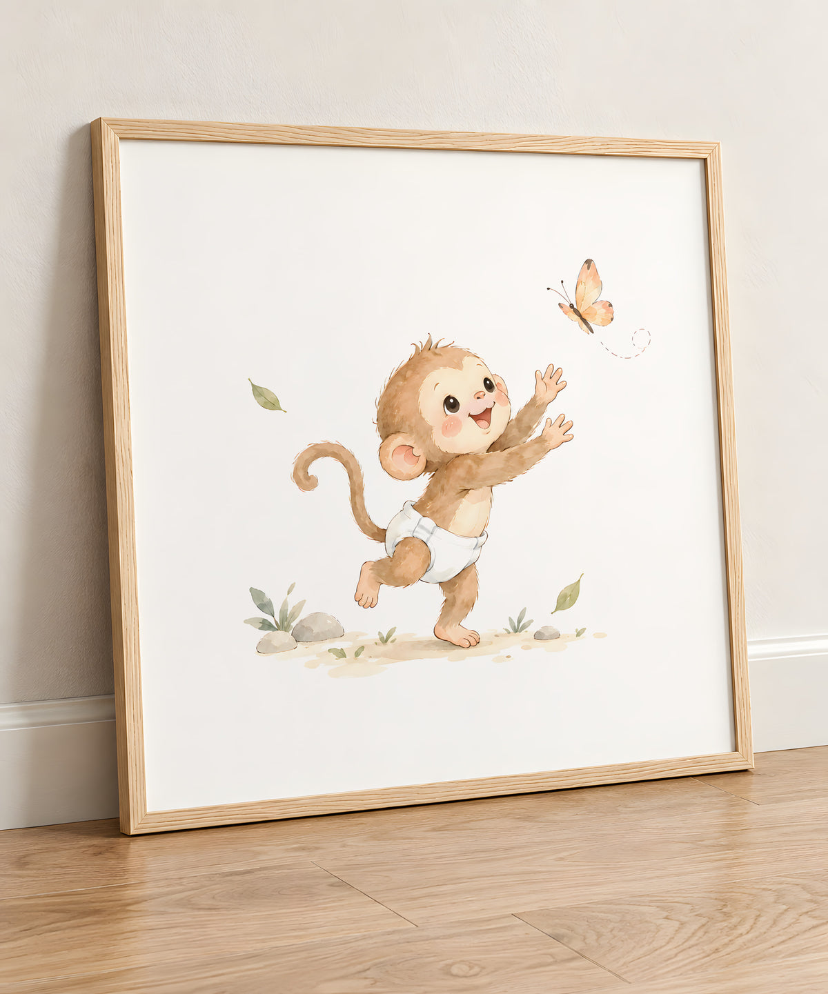 Baby Monkey in a White Diaper Reaches for a Butterfly: natural wood frame, 50 × 50 cm, styled in a room