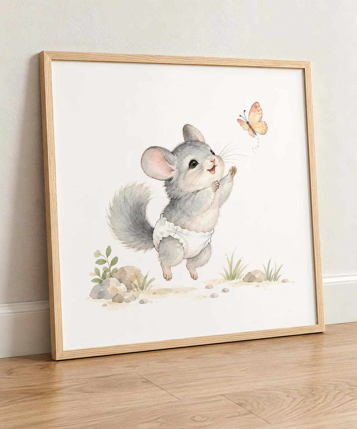 Baby Chinchilla in a White Diaper Reaches for a Butterfly: natural wood frame, 50 × 50 cm, styled in a room