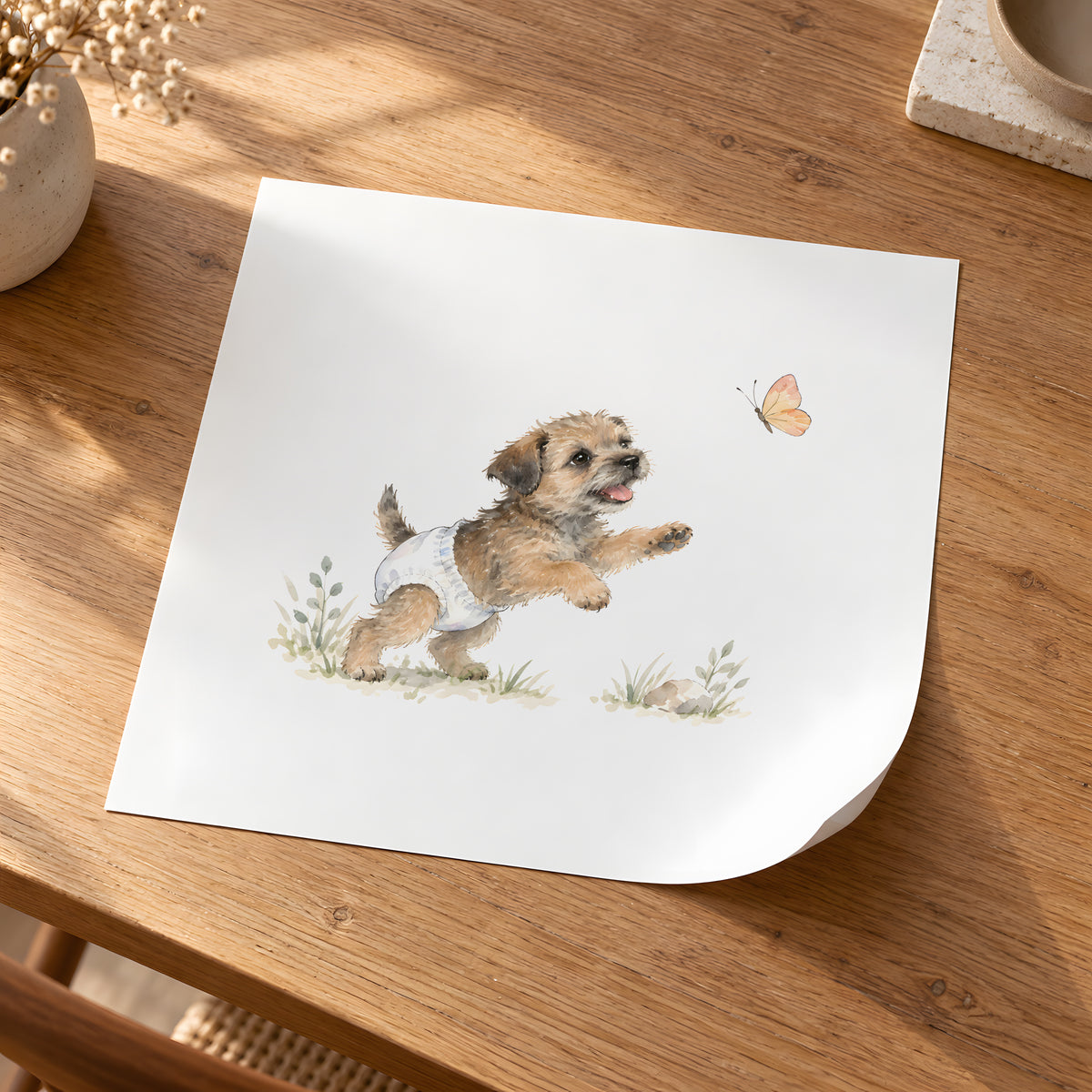 Bébé border terrier en couche blanche essaie d’attraper un papillon : poster seul, 30 × 30 cm, en situation