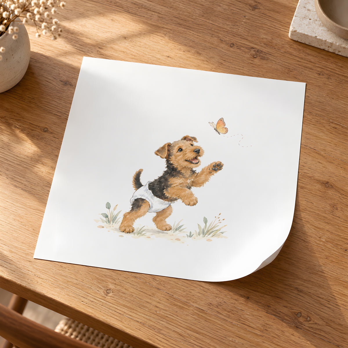 Bébé airedale terrier en couche blanche joue à attraper un papillon : poster seul, 30 × 30 cm, en situation
