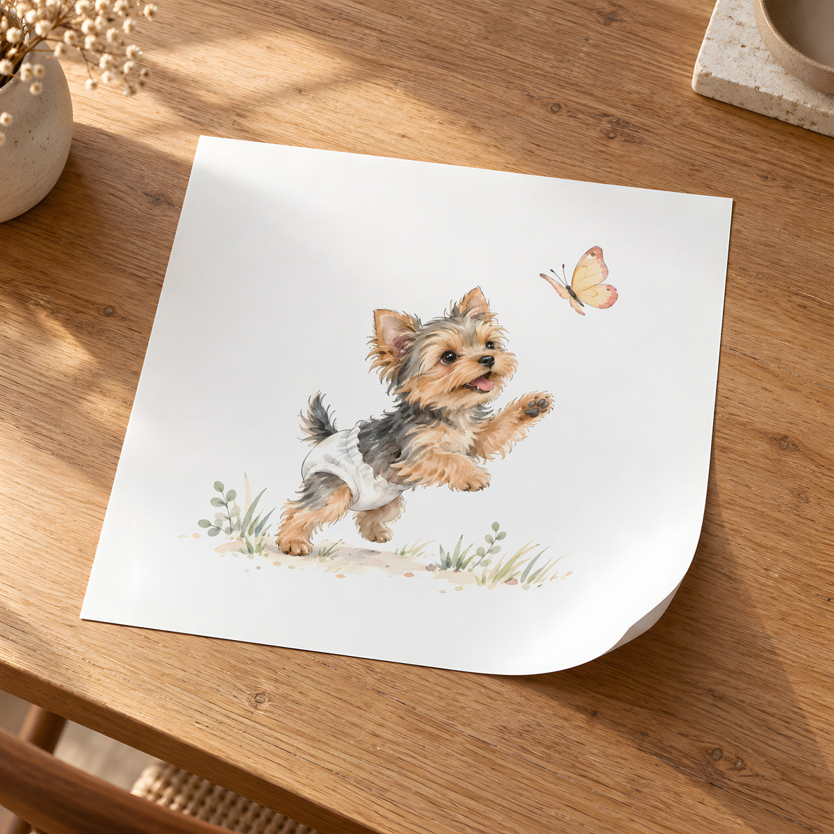 Chiot yorkshire en couche blanche bondit vers un papillon : poster seul, 30 × 30 cm, en situation