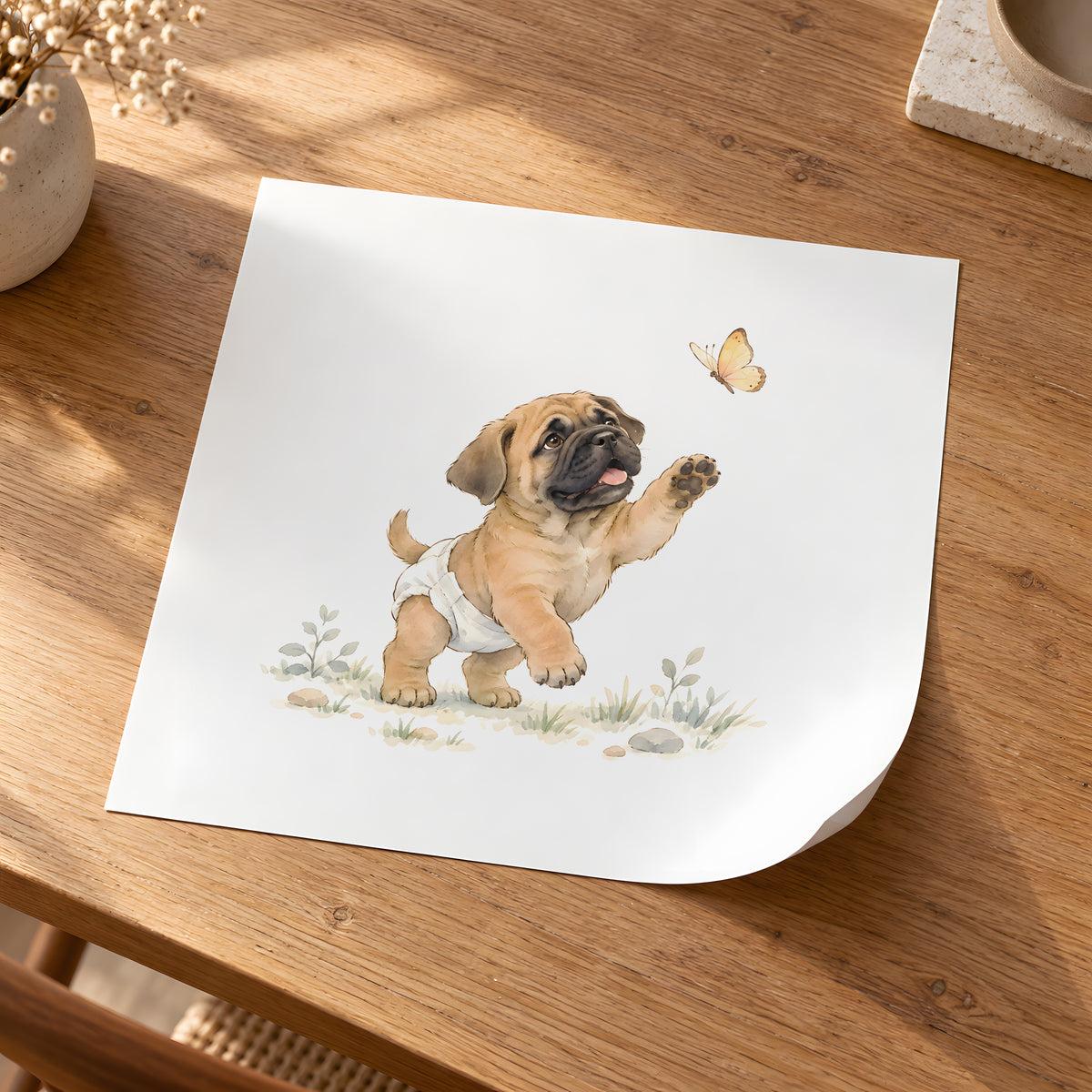 Bébé bullmastiff en couche blanche essaie d’attraper un papillon : poster seul, 30 × 30 cm, en situation