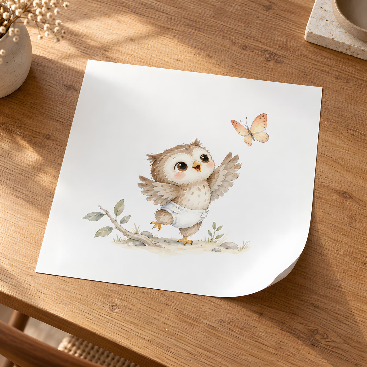 Bébé hibou en couche blanche essaie d’attraper un papillon : poster seul, 30 × 30 cm, en situation
