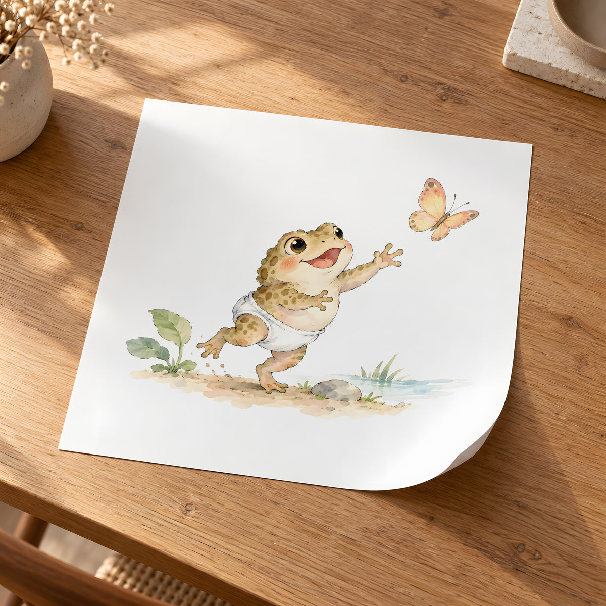 Bébé crapaud en couche essaie d’attraper un papillon dans les herbes : poster seul, 30 × 30 cm, en situation