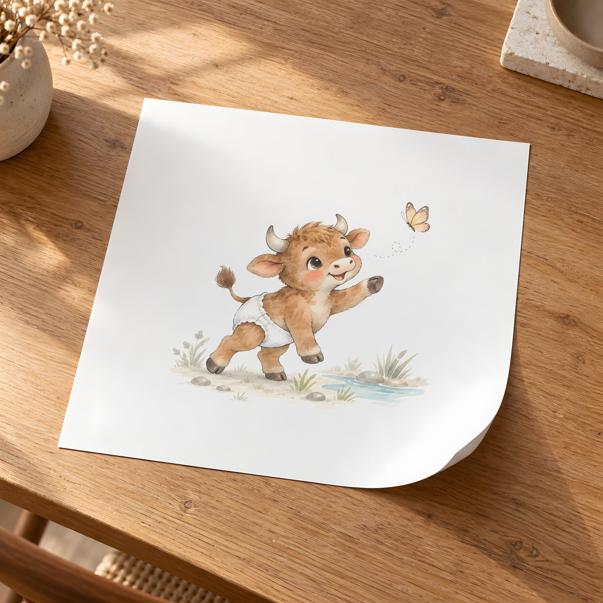 Bébé taureau en couche blanche poursuit un papillon dans la prairie : poster seul, 30 × 30 cm, en situation