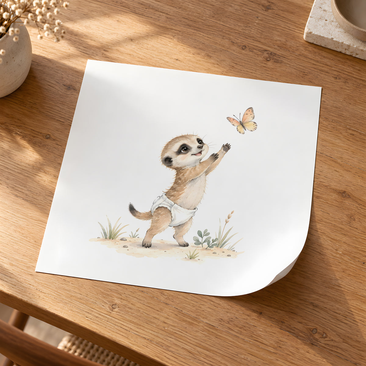 Petit suricate en couche blanche prêt à attraper un papillon : poster seul, 30 × 30 cm, en situation