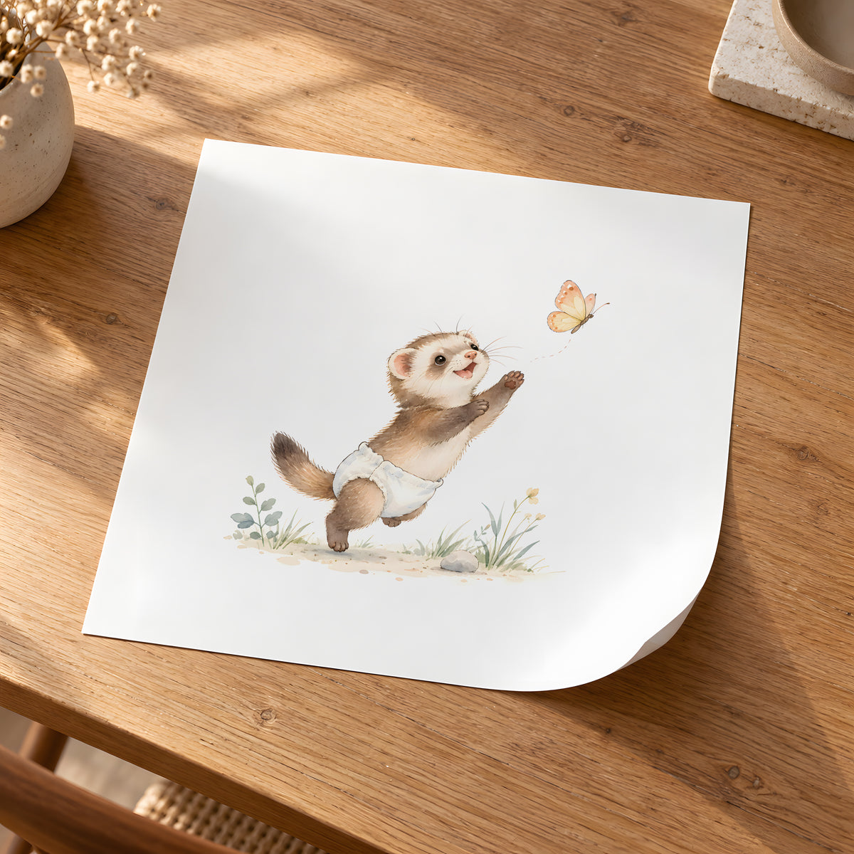 Baby Ferret in a White Diaper Tries to Catch a Butterfly: unframed poster, 30 × 30 cm, styled in a room
