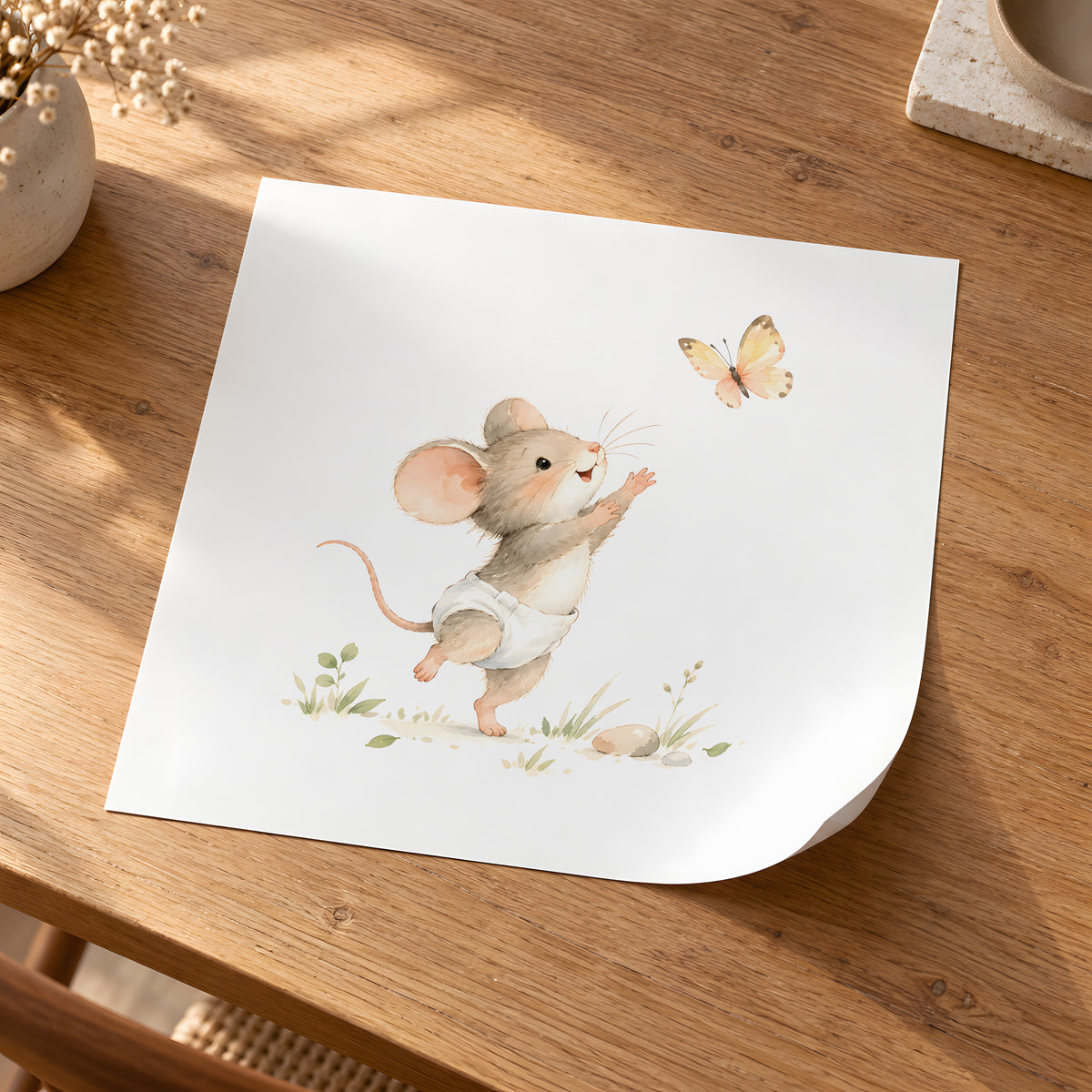 Petite souris en couche blanche à la poursuite d’un papillon : poster seul, 30 × 30 cm, en situation