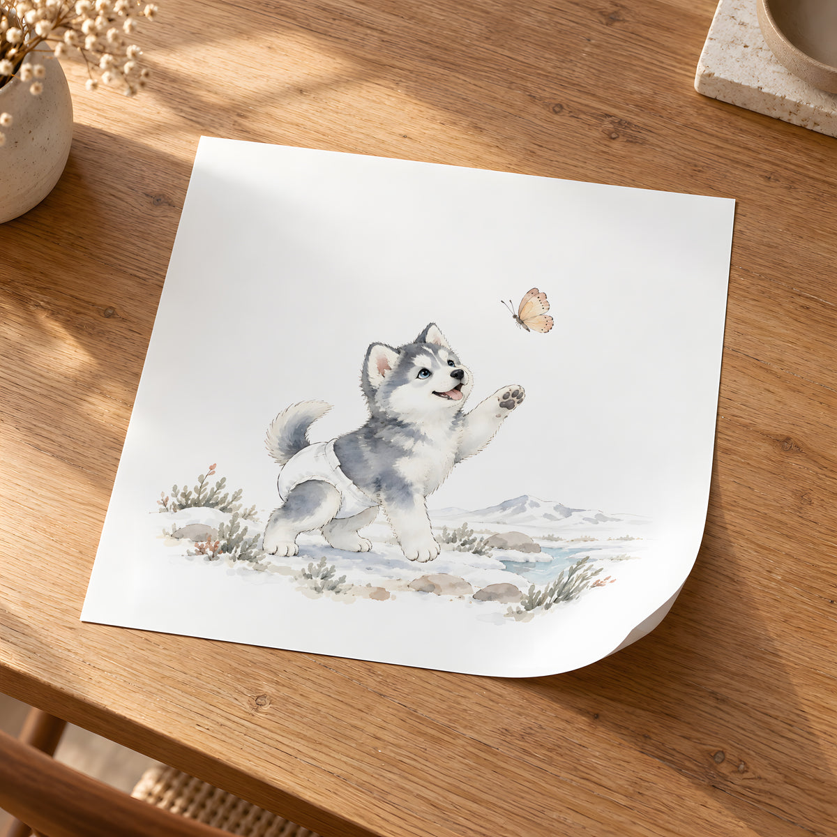 Petit husky de Sibérie en couche blanche à la poursuite d’un papillon : poster seul, 30 × 30 cm, en situation