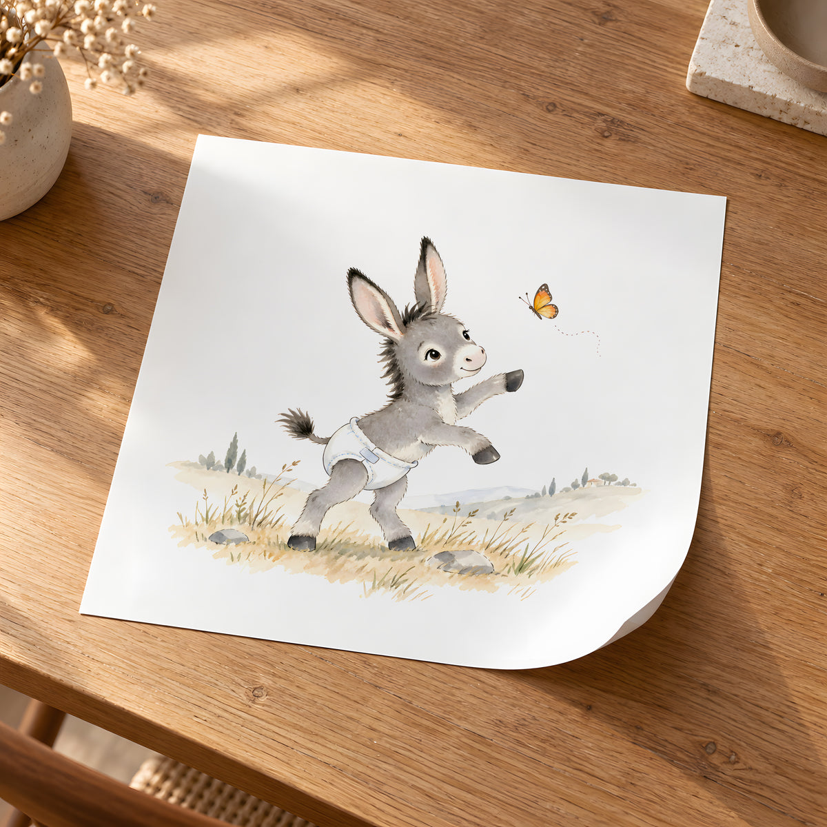 Ânon en couche blanche essayant d’attraper un papillon : poster seul, 30 × 30 cm, en situation