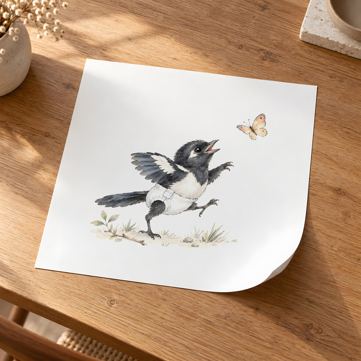Baby Magpie in a White Diaper Chasing a Butterfly: unframed poster, 30 × 30 cm, styled in a room