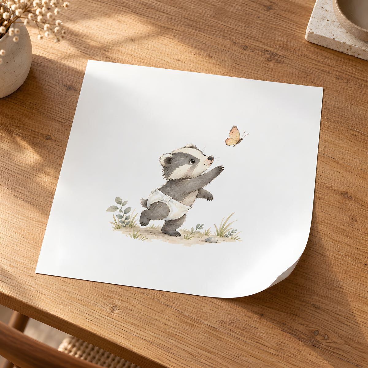 Un bébé blaireau essaie d’attraper un papillon : poster seul, 30 × 30 cm, en situation