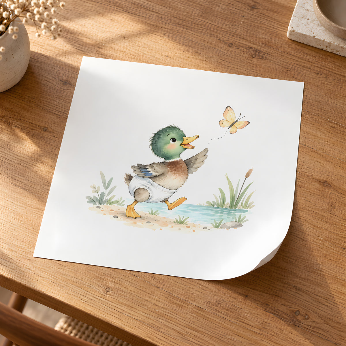 Bébé canard tend les ailes vers un papillon au bord de l’eau : poster seul, 30 × 30 cm, en situation