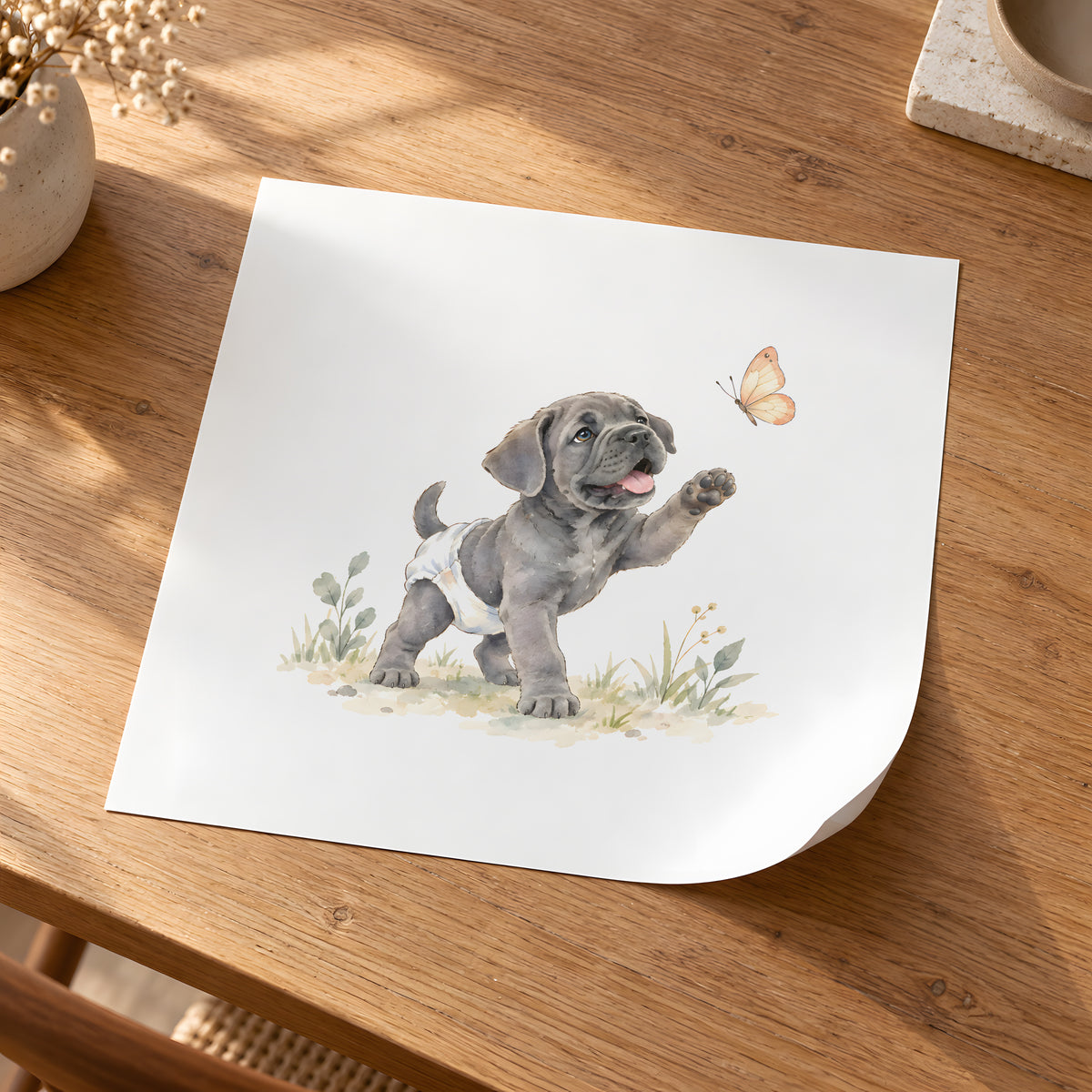 Bébé cane corso en couche blanche essaie d’attraper un papillon : poster seul, 30 × 30 cm, en situation