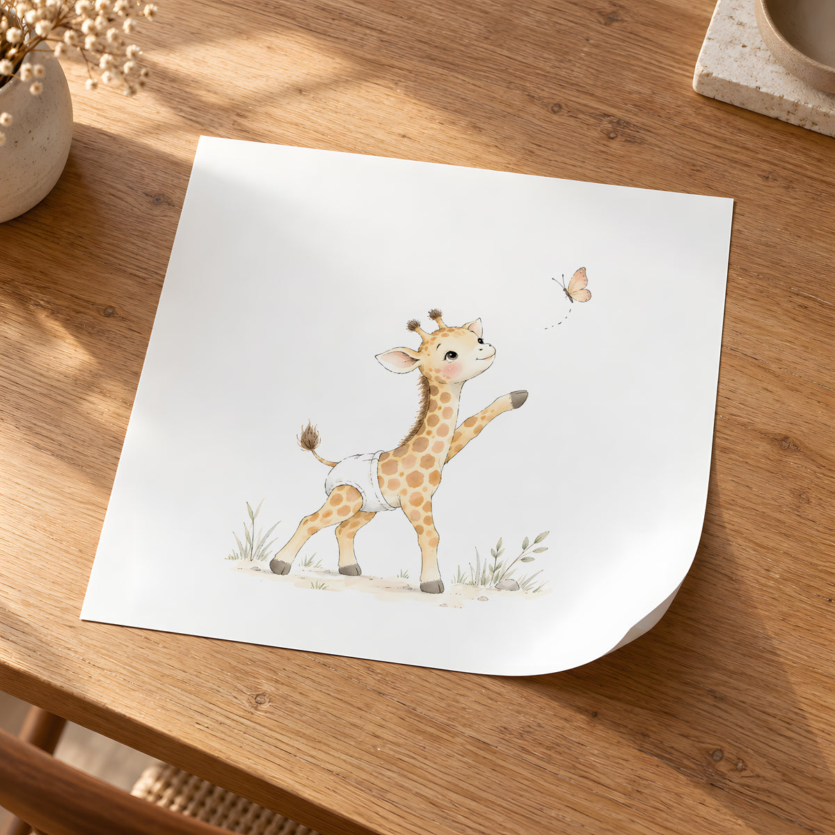 Bébé girafe en couche blanche à la poursuite d’un papillon : poster seul, 30 × 30 cm, en situation