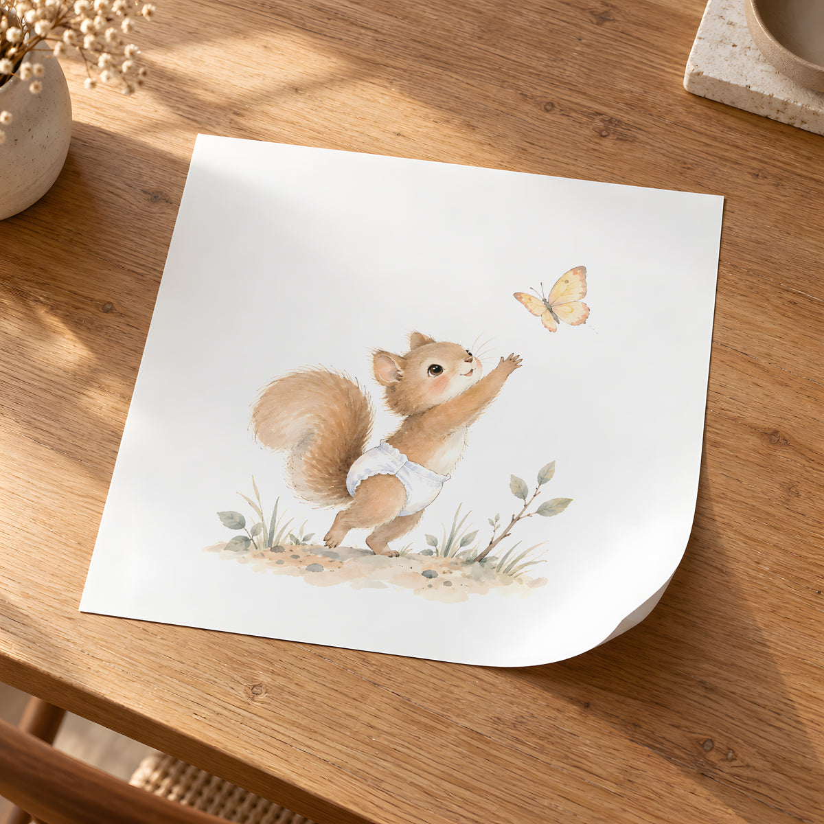 Bébé écureuil en couche blanche tente de saisir un papillon : poster seul, 30 × 30 cm, en situation