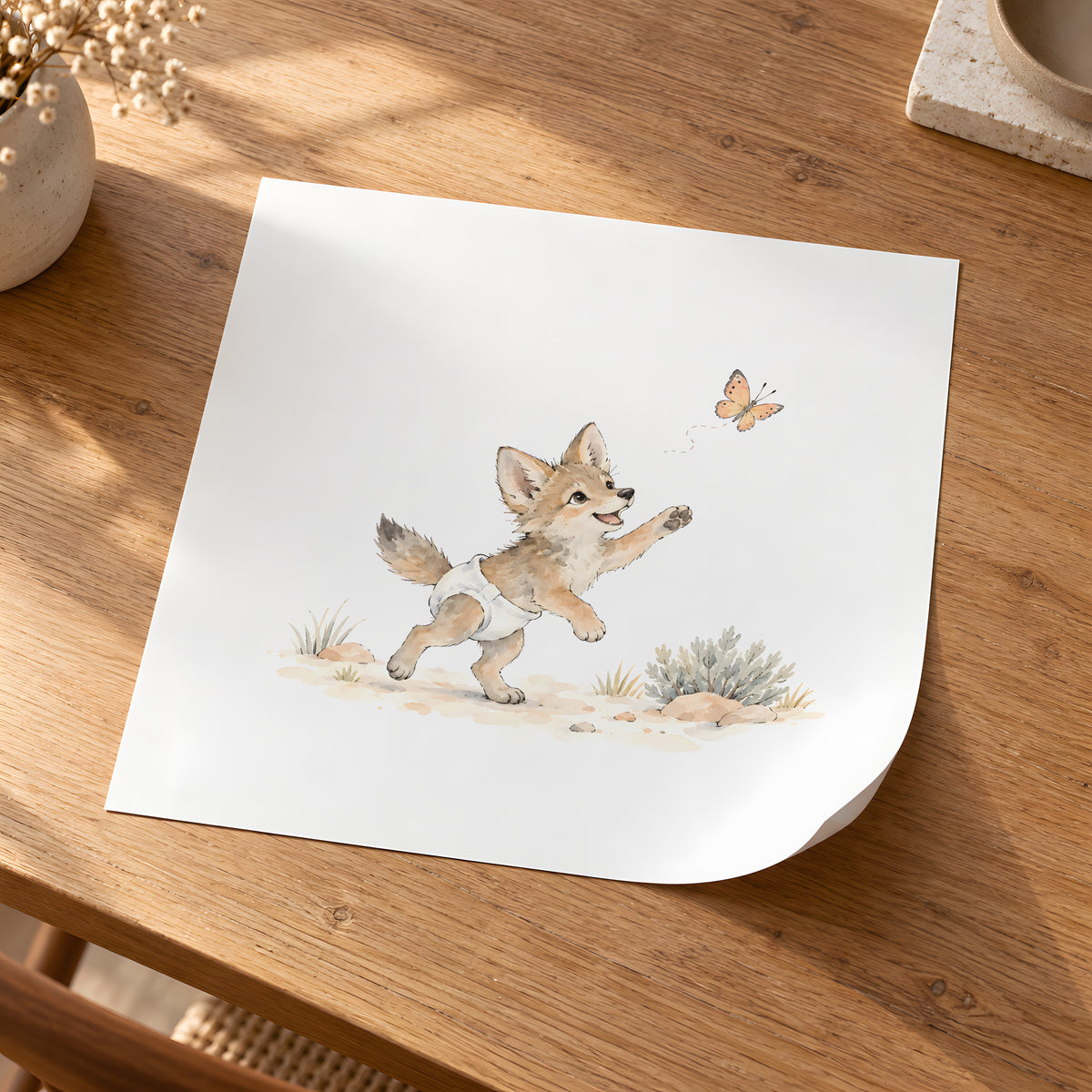 Baby Coyote in a White Diaper Follows a Butterfly Through the Grass: unframed poster, 30 × 30 cm, styled in a room