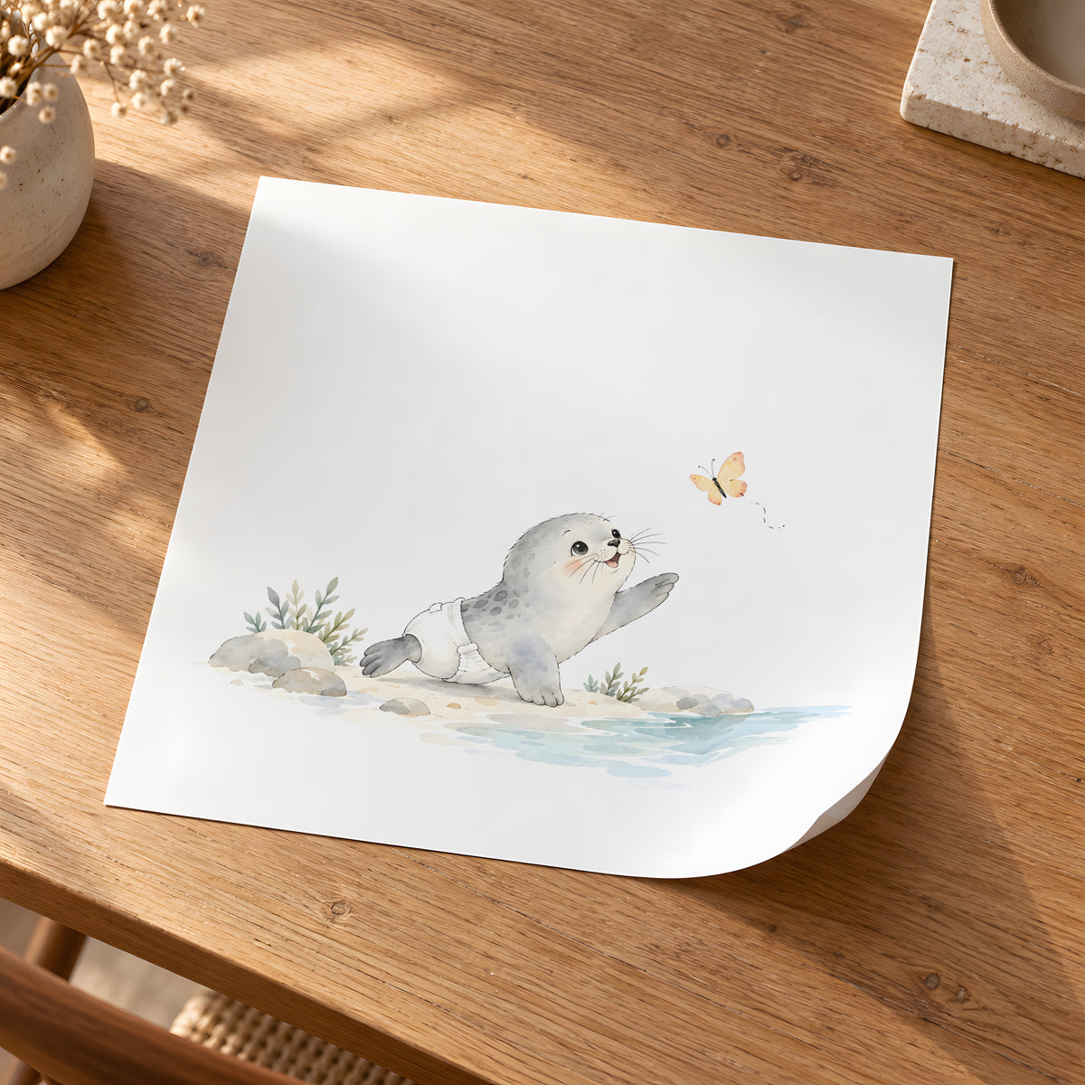 Bébé phoque en couche blanche essaie d’attraper un papillon : poster seul, 30 × 30 cm, en situation