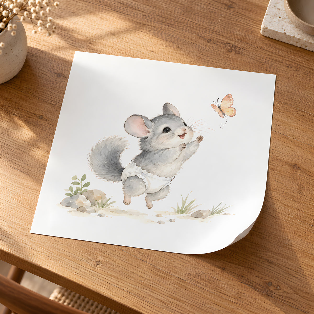 Baby Chinchilla in a White Diaper Reaches for a Butterfly: unframed poster, 30 × 30 cm, styled in a room
