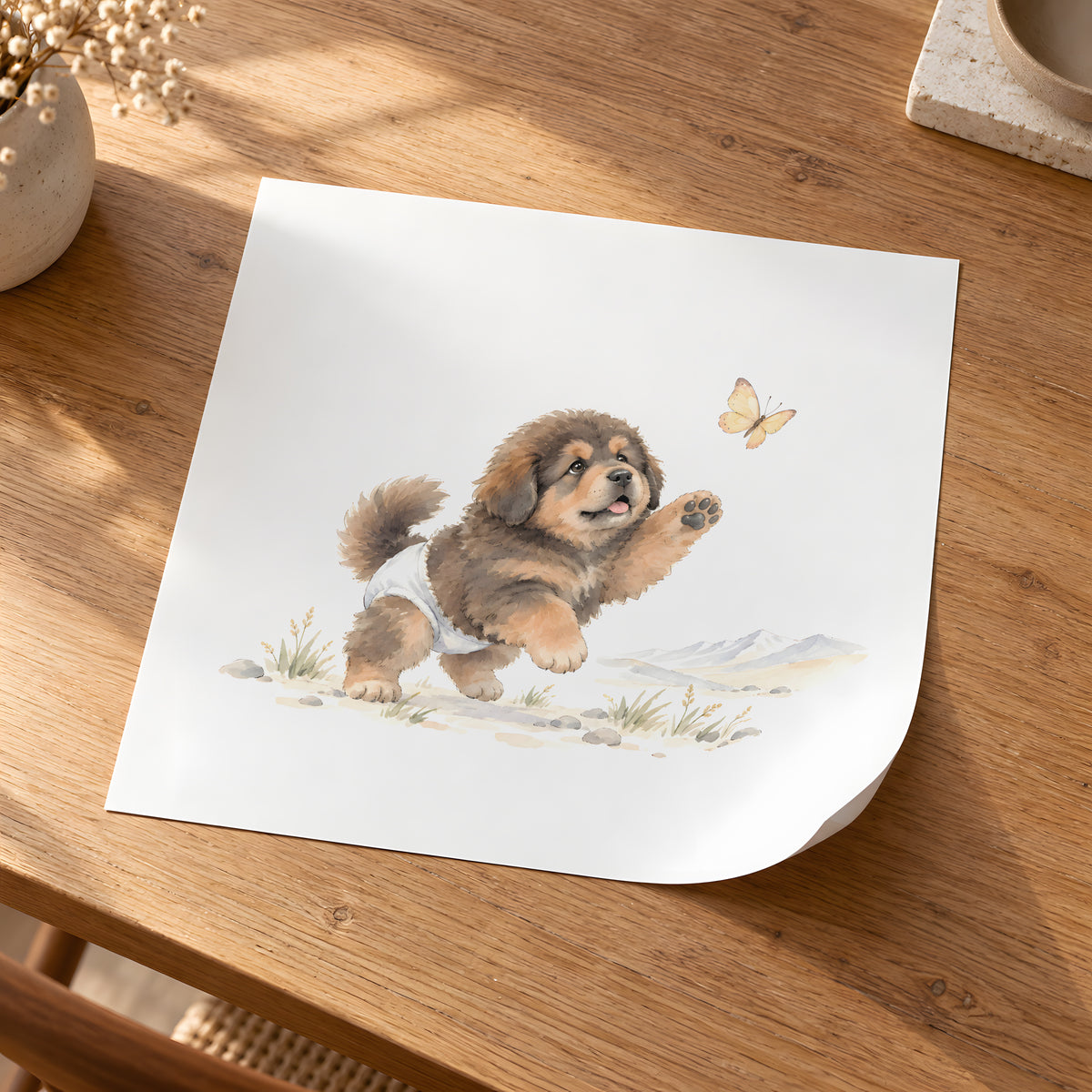 Bébé dogue du Tibet en couche blanche à la poursuite d’un papillon : poster seul, 30 × 30 cm, en situation