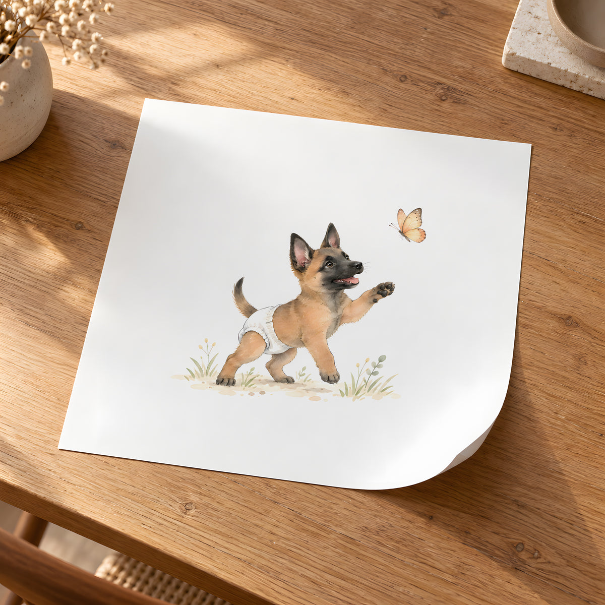 Chiot malinois en couche blanche bondit pour attraper un papillon : poster seul, 30 × 30 cm, en situation