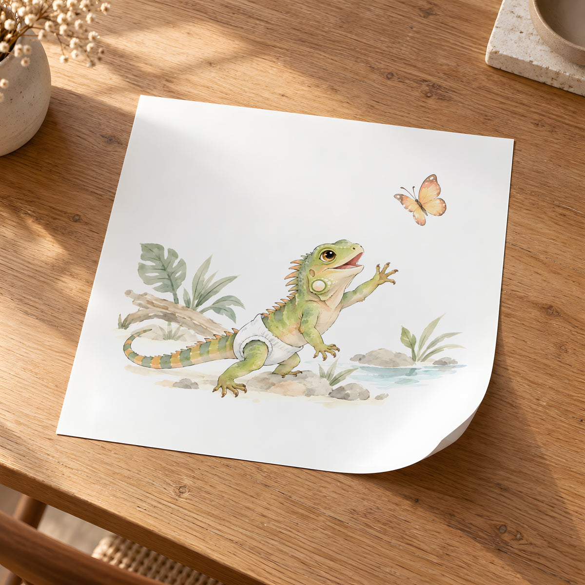 Baby Iguana in a White Diaper Reaches for a Butterfly Among the Leaves: unframed poster, 30 × 30 cm, styled in a room